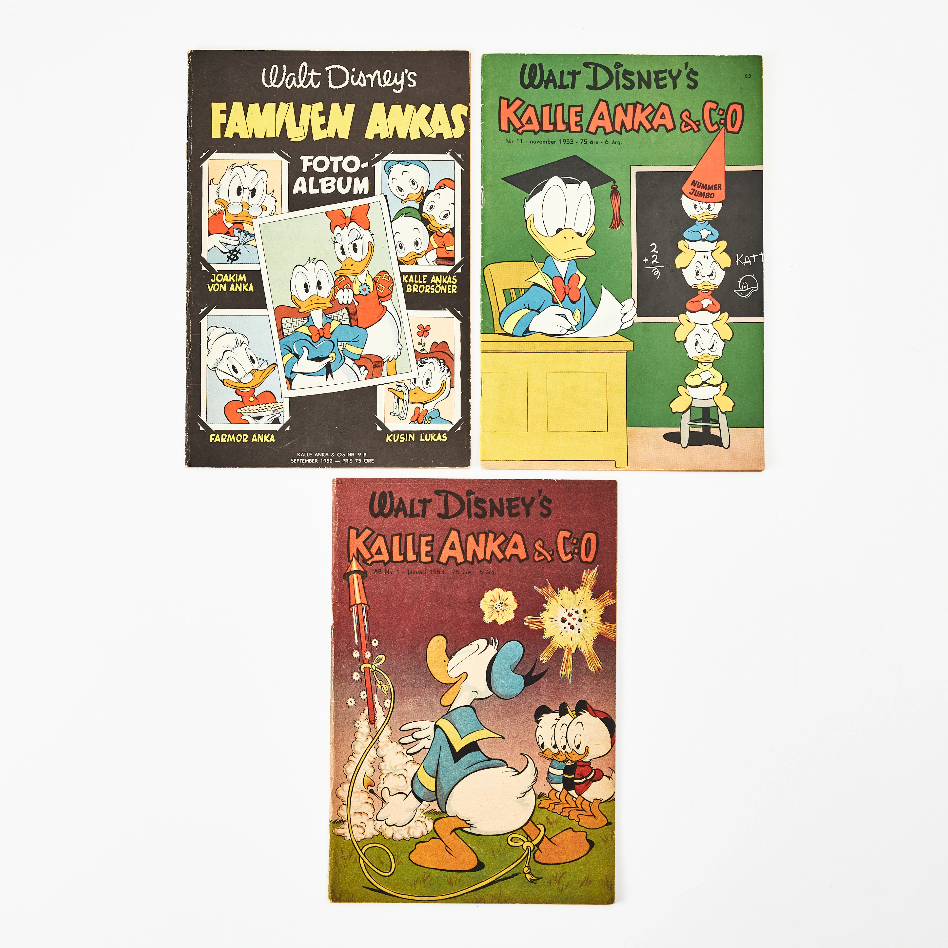 KALLE ANKA & C:O, tidningar, 3 st., från nummer 9B från 1952 och mummer