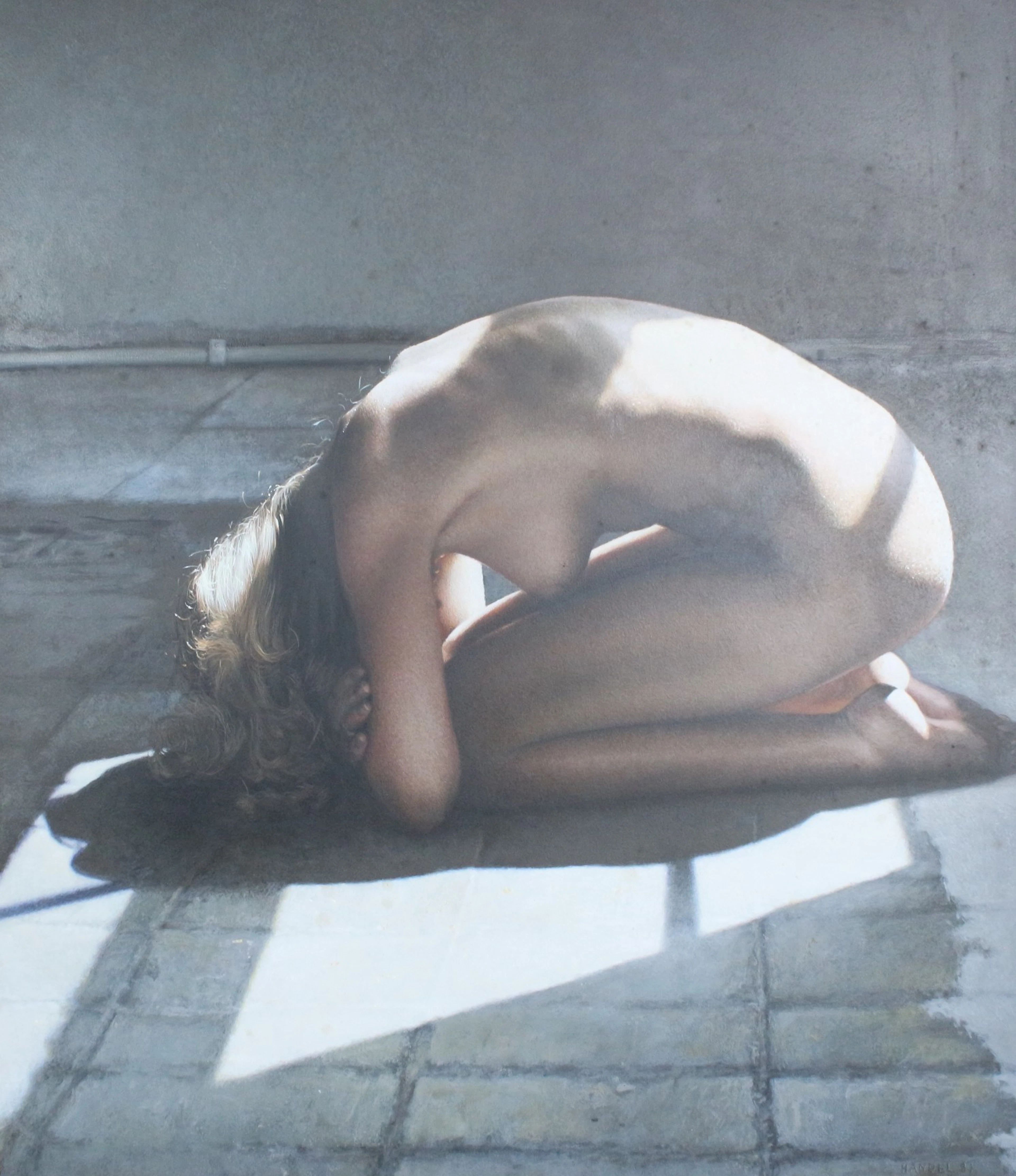 PETER HANDEL (*1949). Öl auf Holz, '' Die Kniende Ute '' (1987).