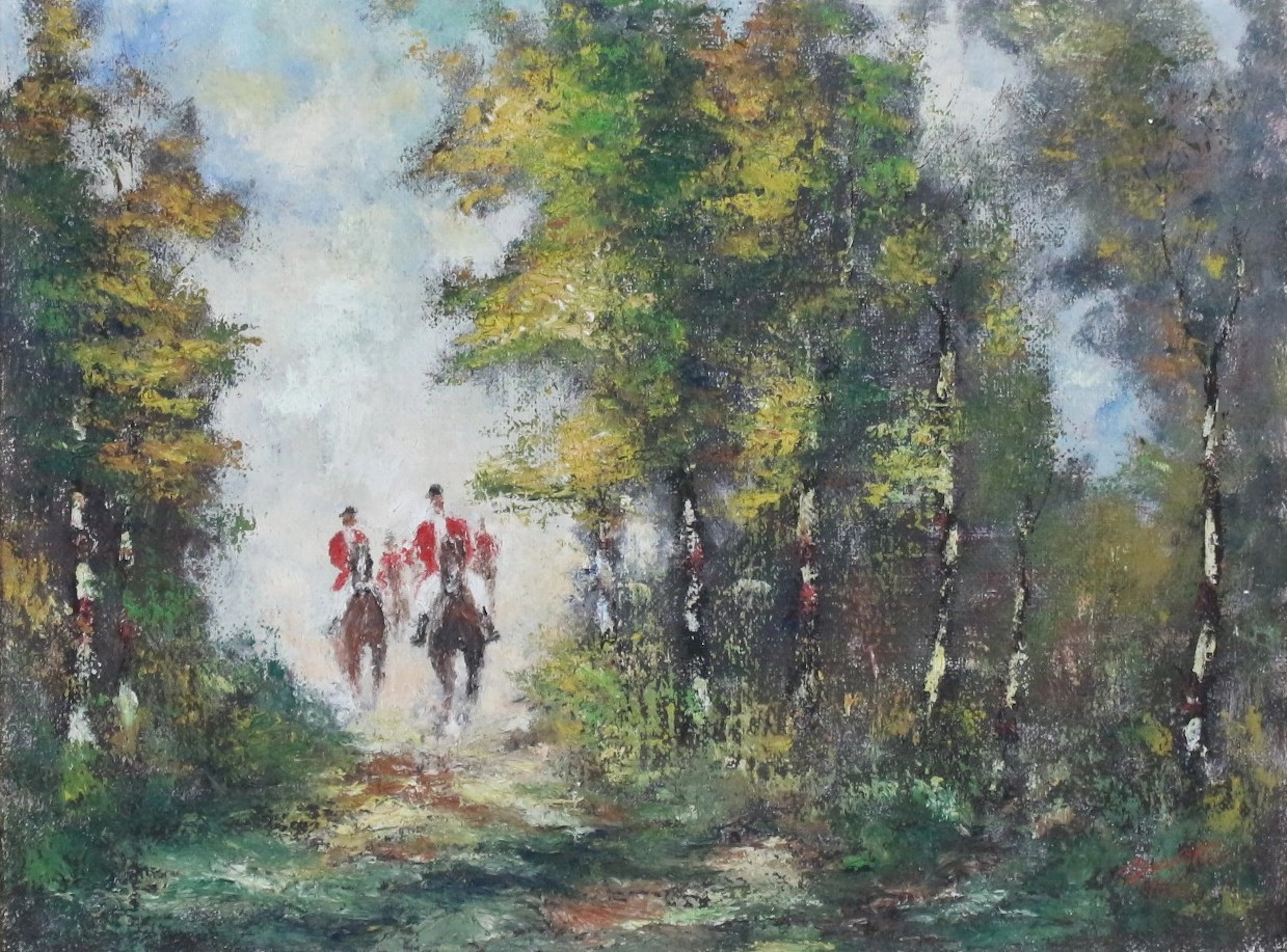 UNBEKANNTER KÜNSTLER. Öl auf Leinwand, Jagdszene, signiert und datiert '1958'.