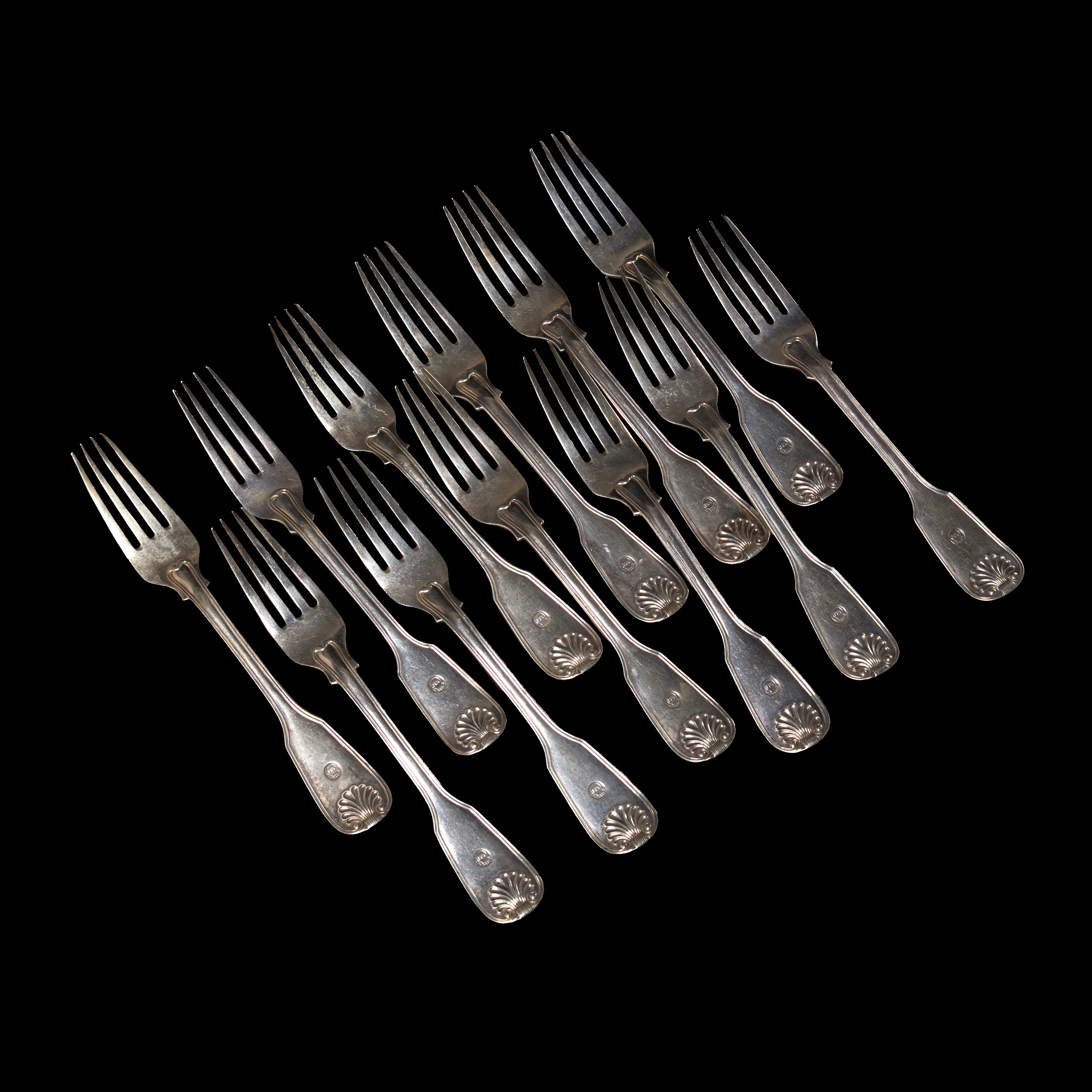 MATGAFFLAR, silver, 12 st, med Grevliga ätten Wrangel´s vapensköld