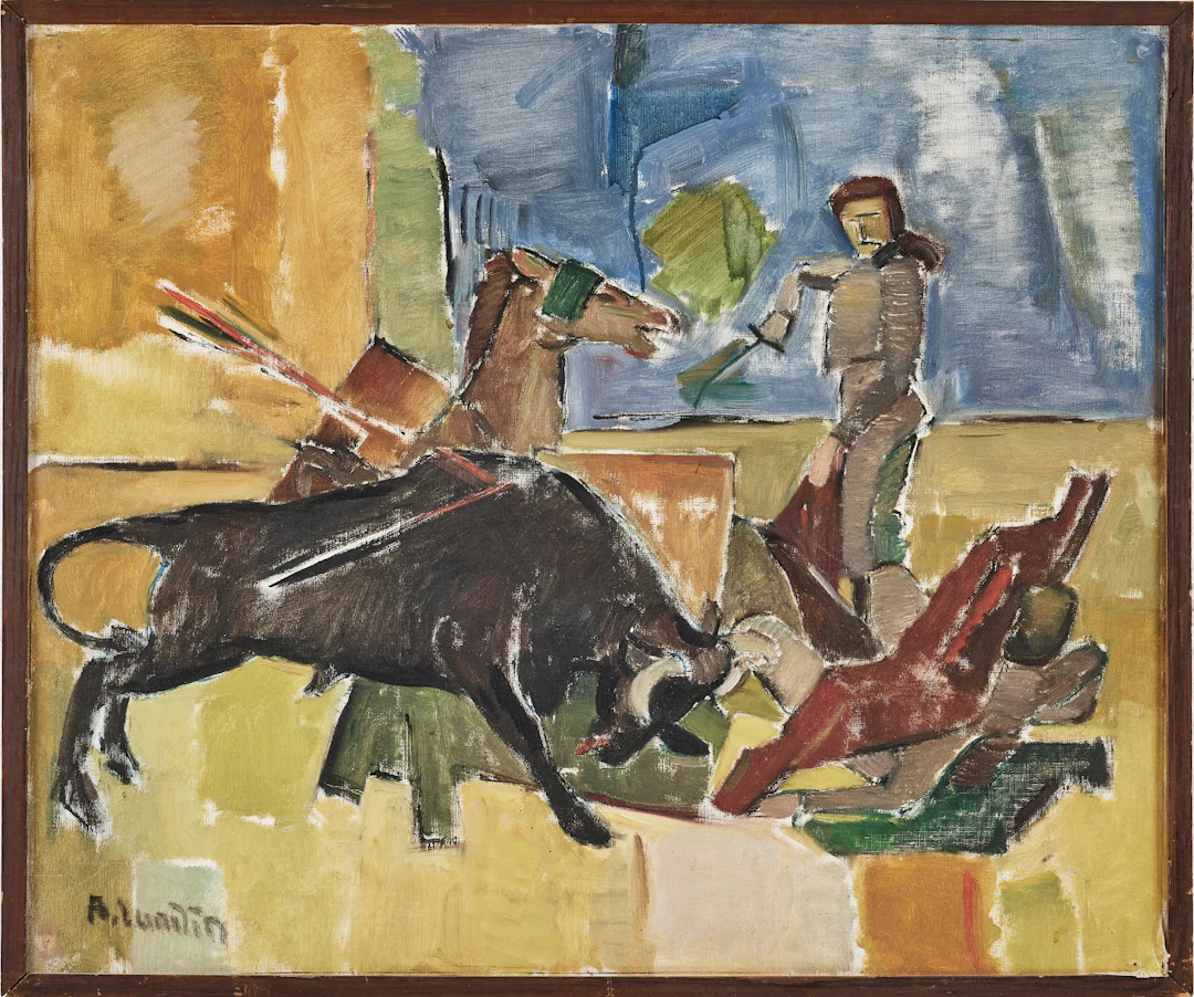 ALVAR LUNDIN (1894-1975). tjurfäktning, olja på duk uppfodrad på pannå