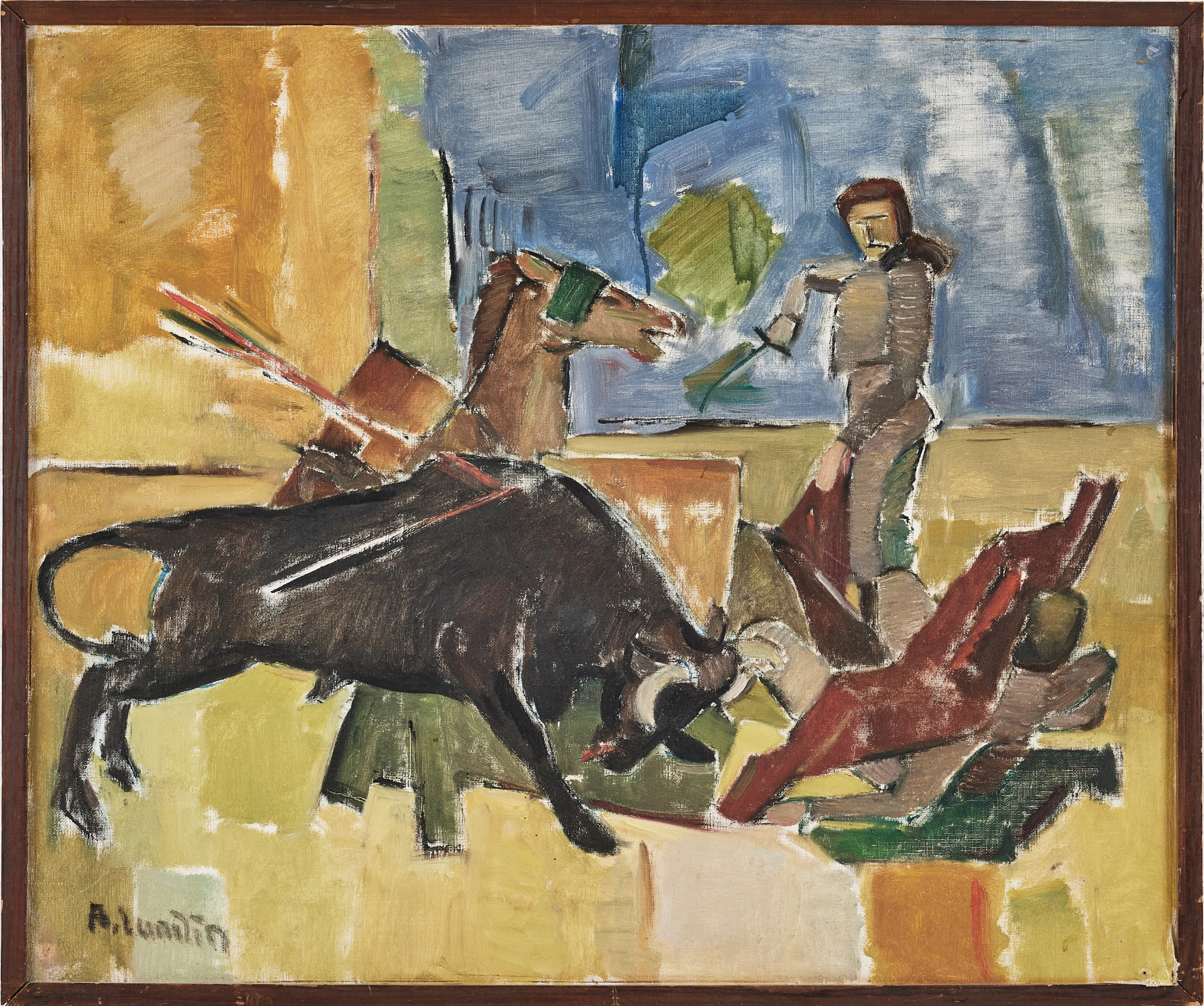 ALVAR LUNDIN (1894-1975). tjurfäktning, olja på duk uppfodrad på pannå