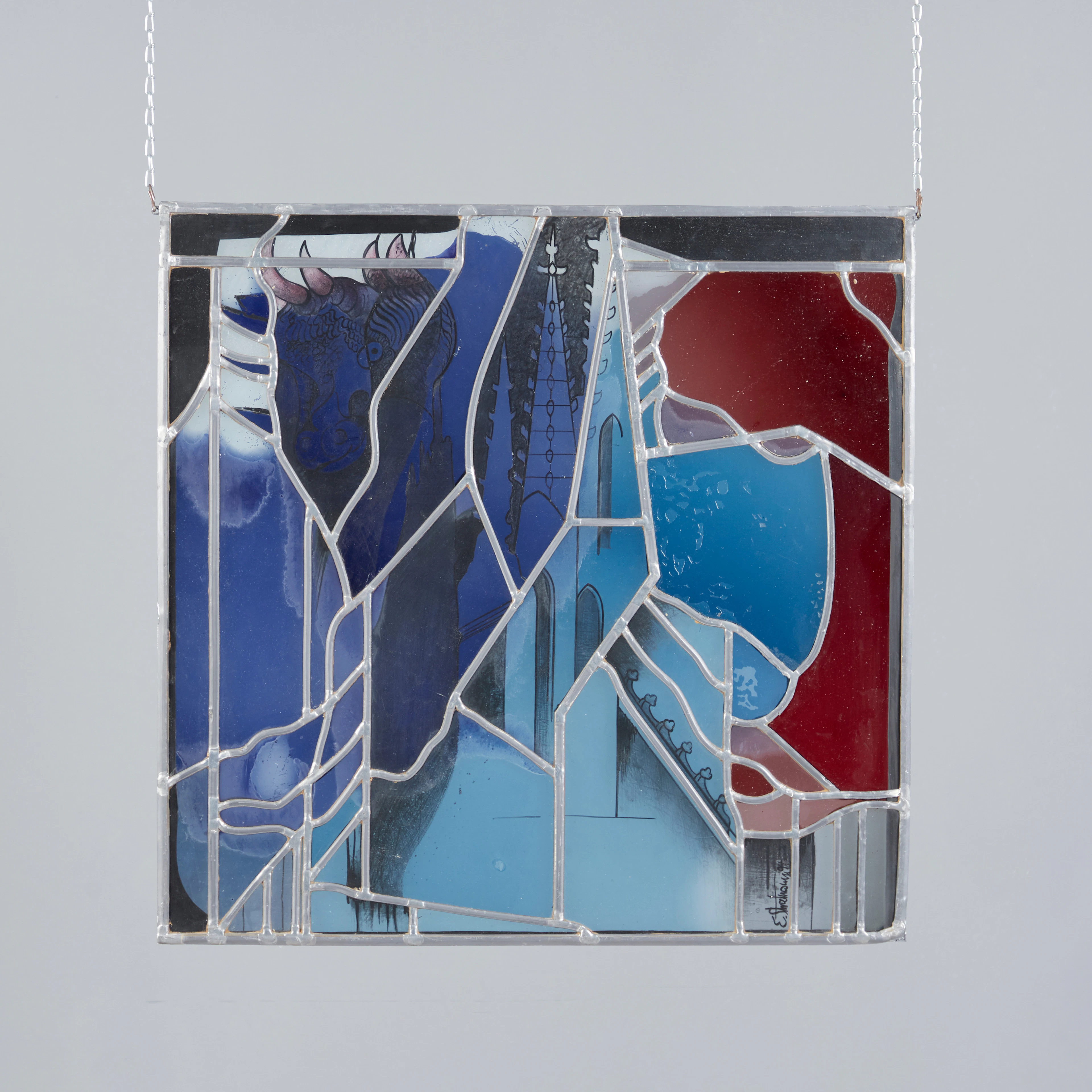 EGON STRATMANN (1936-2024). Bleiglasfenster mit Glasmalerei und Zeichenvorlage