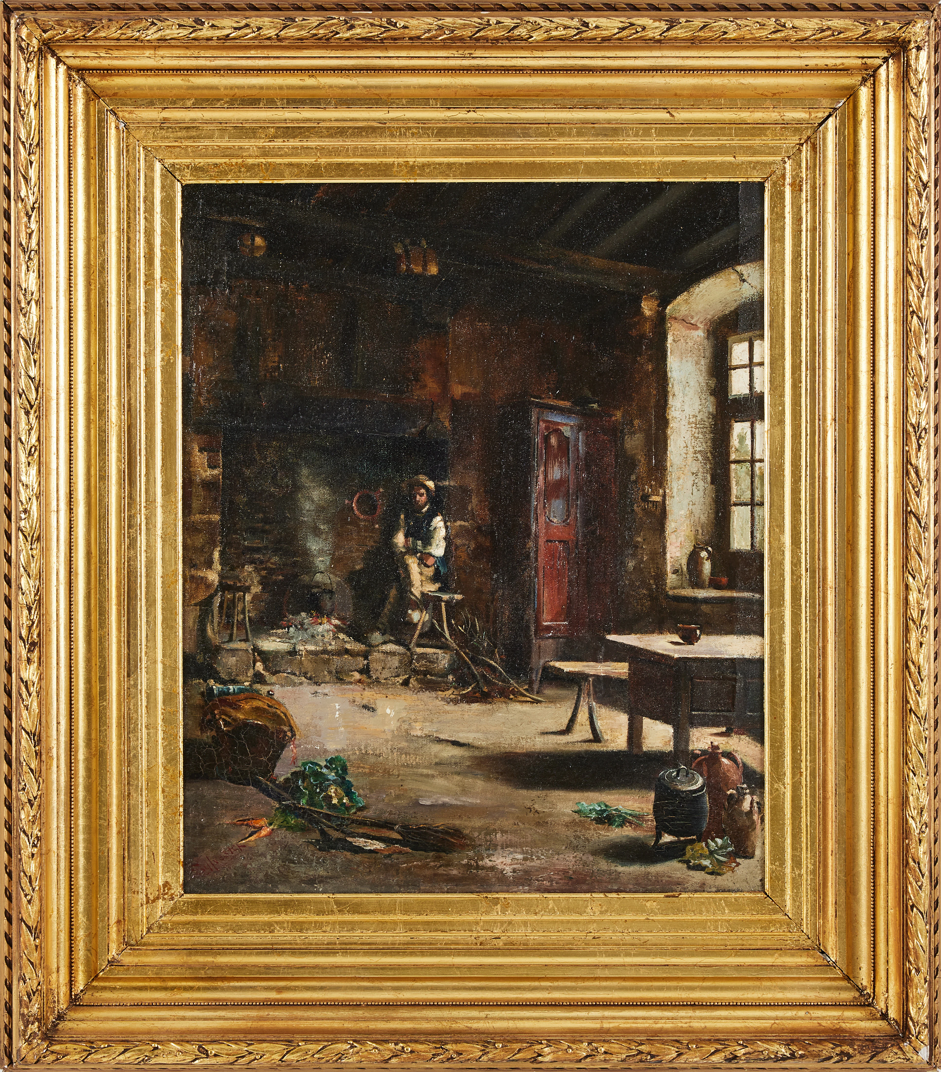OIDENTIFIERAD KONSTNÄR. "Interior of a cottage", signerad Sylvester