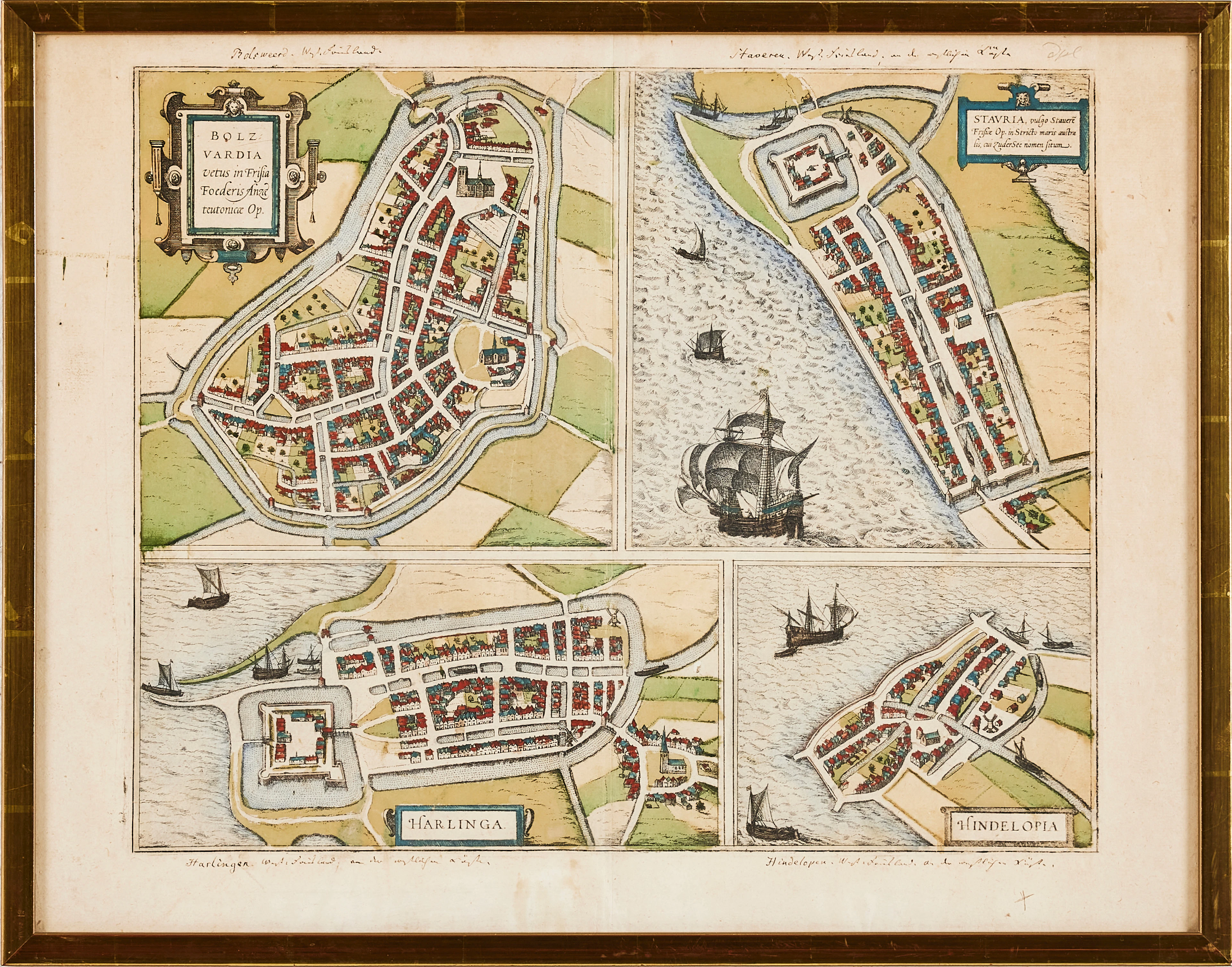 GEORG BRAUN och FRANS HOGENBERG. Kartor över Bolswand, Stavoren, Harlingen