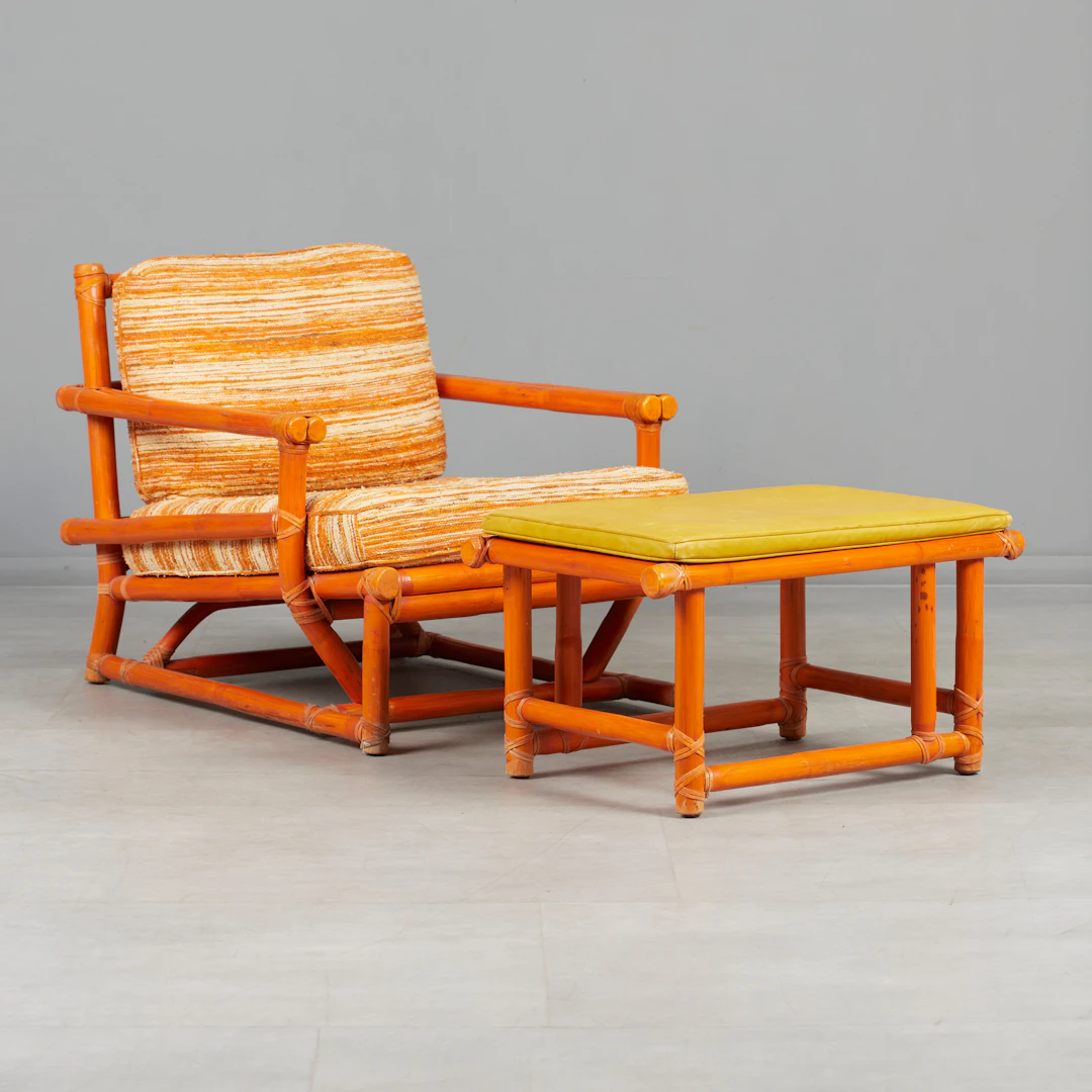 LYDA LEVI. McGuire, Sessel / Lounge Chair und Ottomane, Rattan, Textil