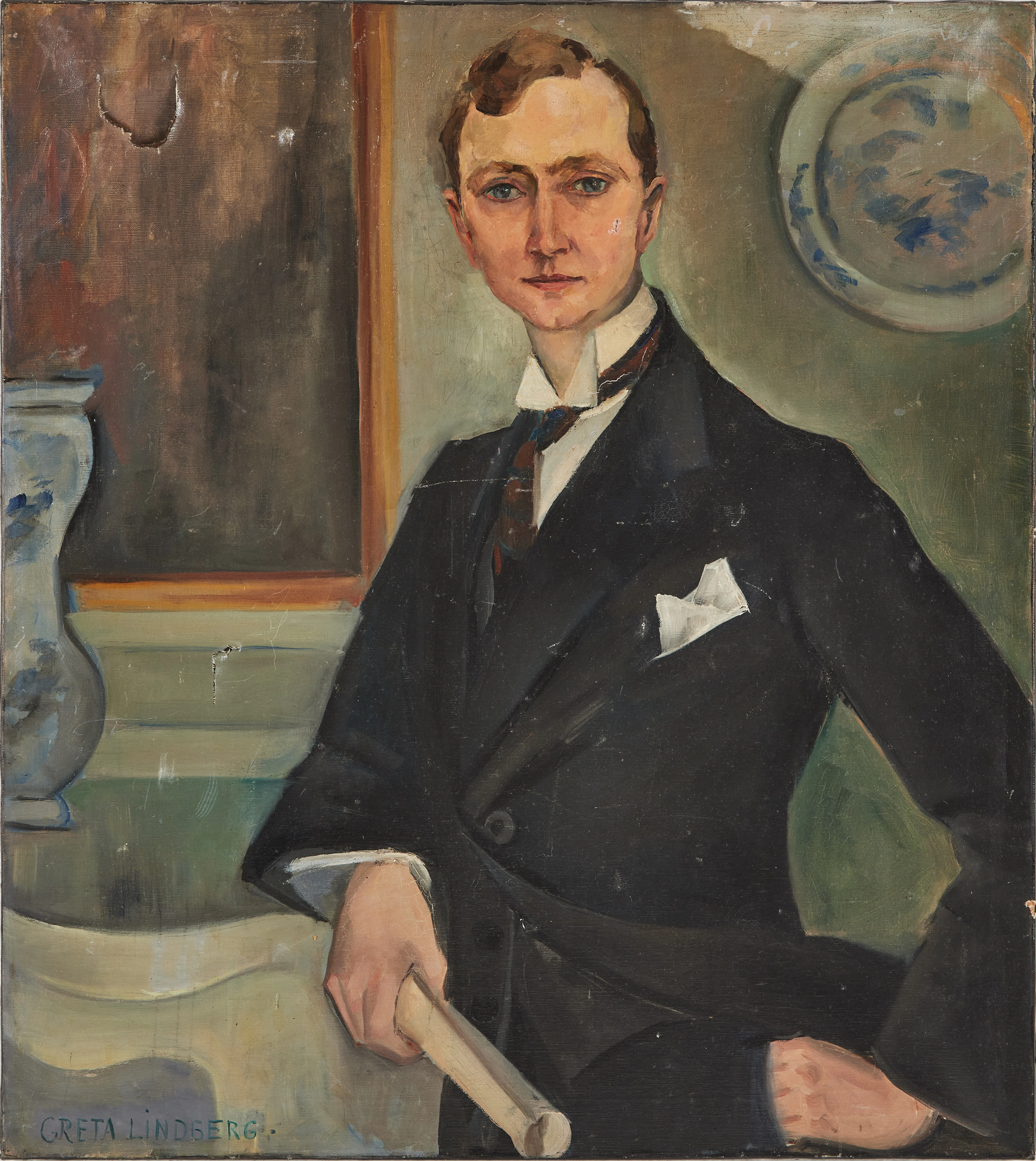 GRETA FAHLCRANTZ LINDBERG (1889 - 1978). Porträtt av herre.