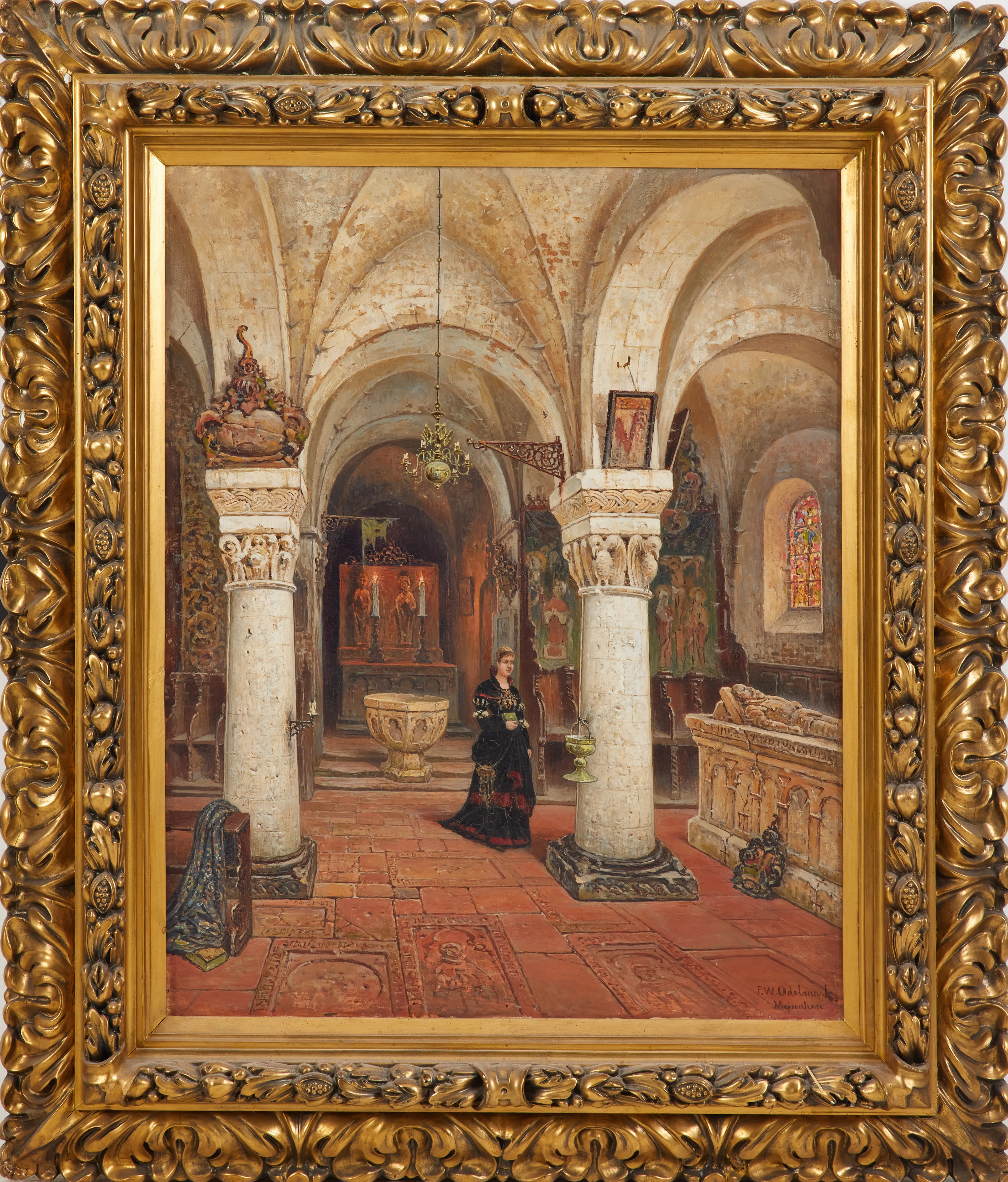 FRANS WILHELM ODELMARK. Kyrklig interiör, olja på duk, signerad.