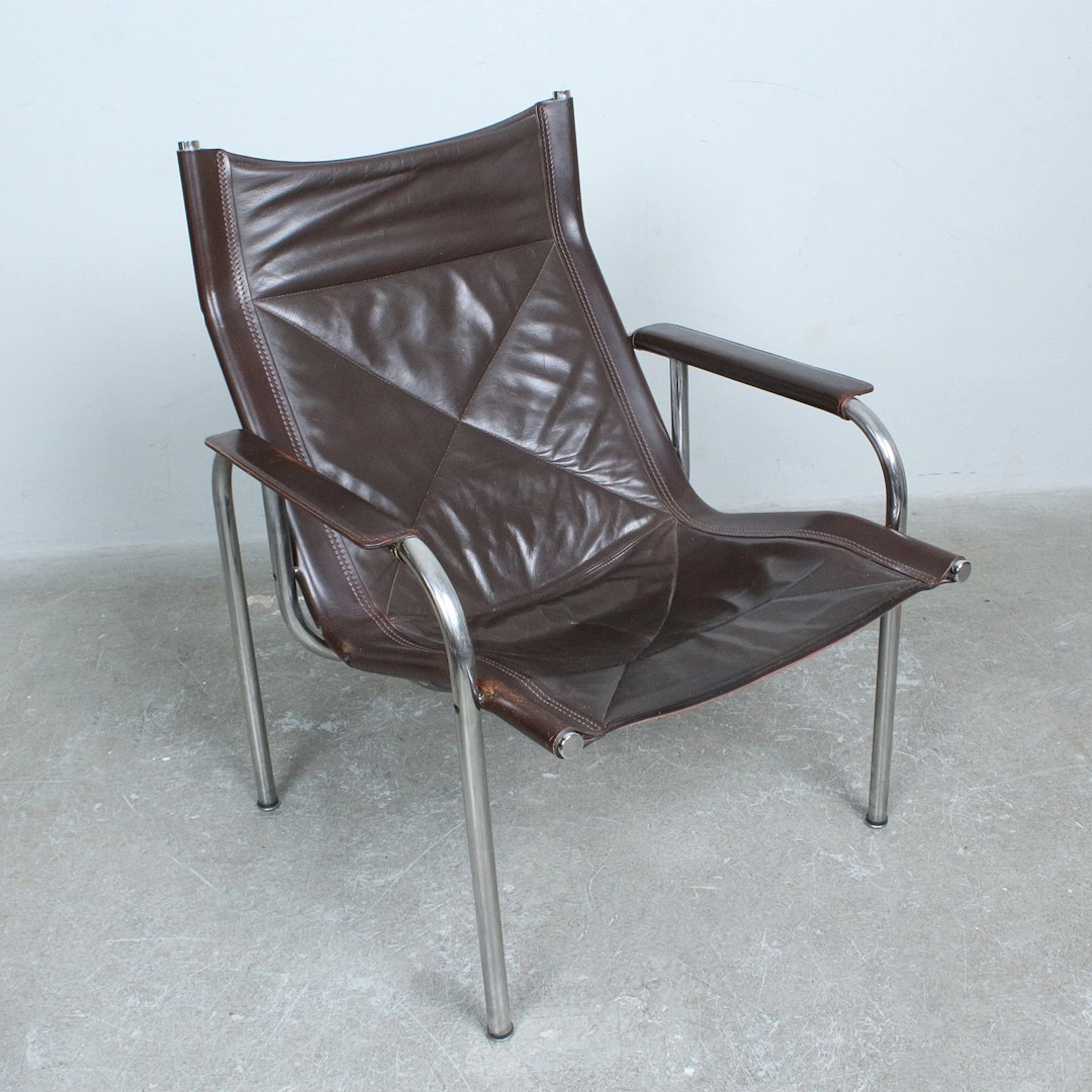HANS EICHENBERGER. für Strässle, Sessel, Stahlrohr, Leder, 1970er, Schweizl.