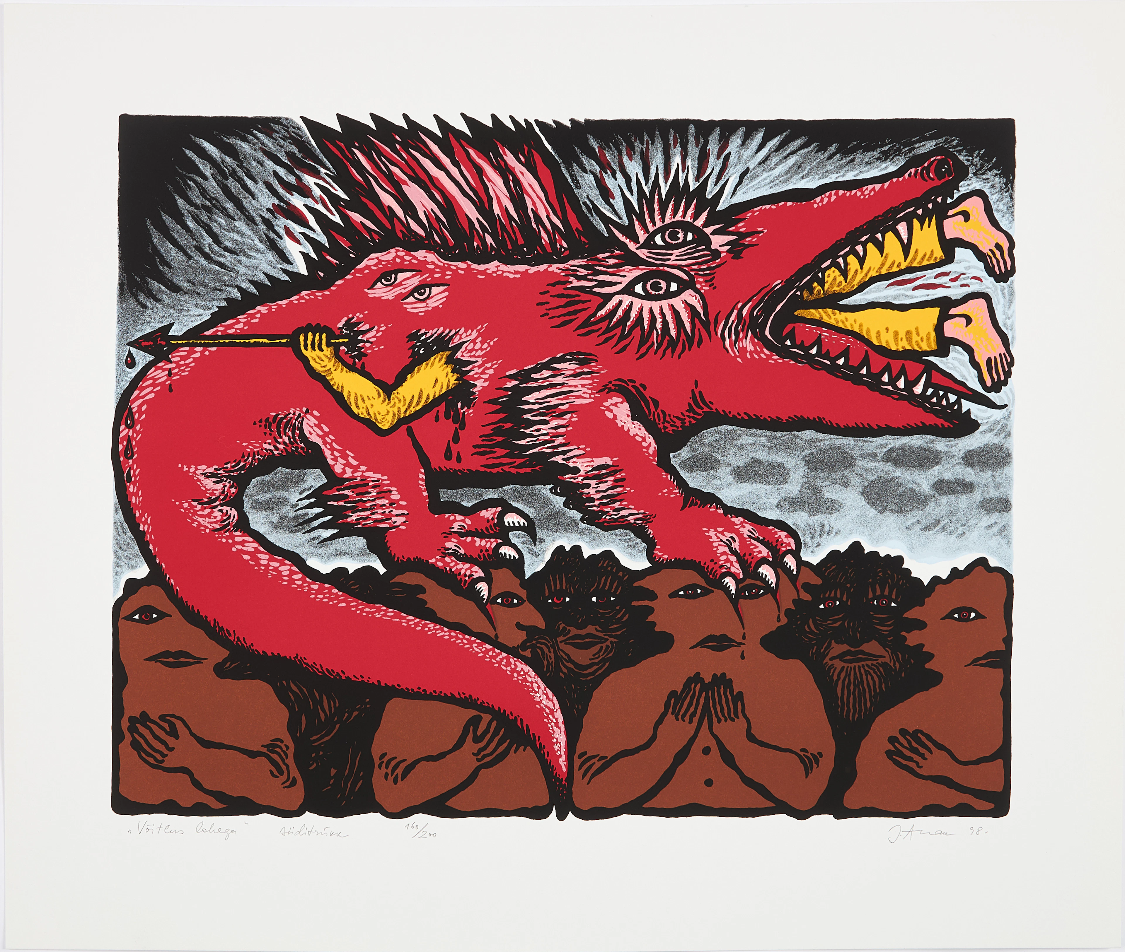 JÜRI ARRAK. "Võitlus lohega", färgserigrafi, signerad, -98, 160/200.