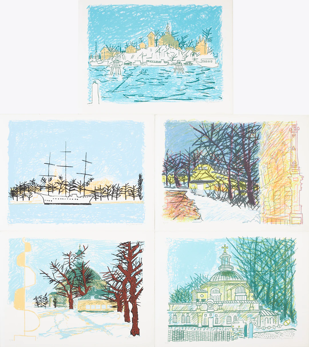 STIG (SLAS) CLAESSON. 5 st, färglitografier, motiv från Skeppsholmen, mapp.