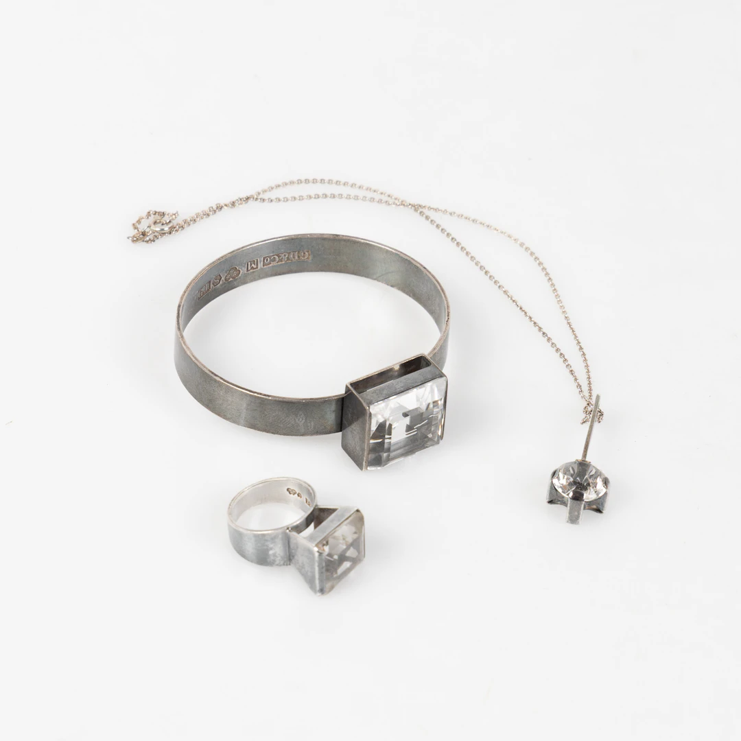 Armring samt ring i sterlingsilver med bergskristall, Gustav Dahlgren
