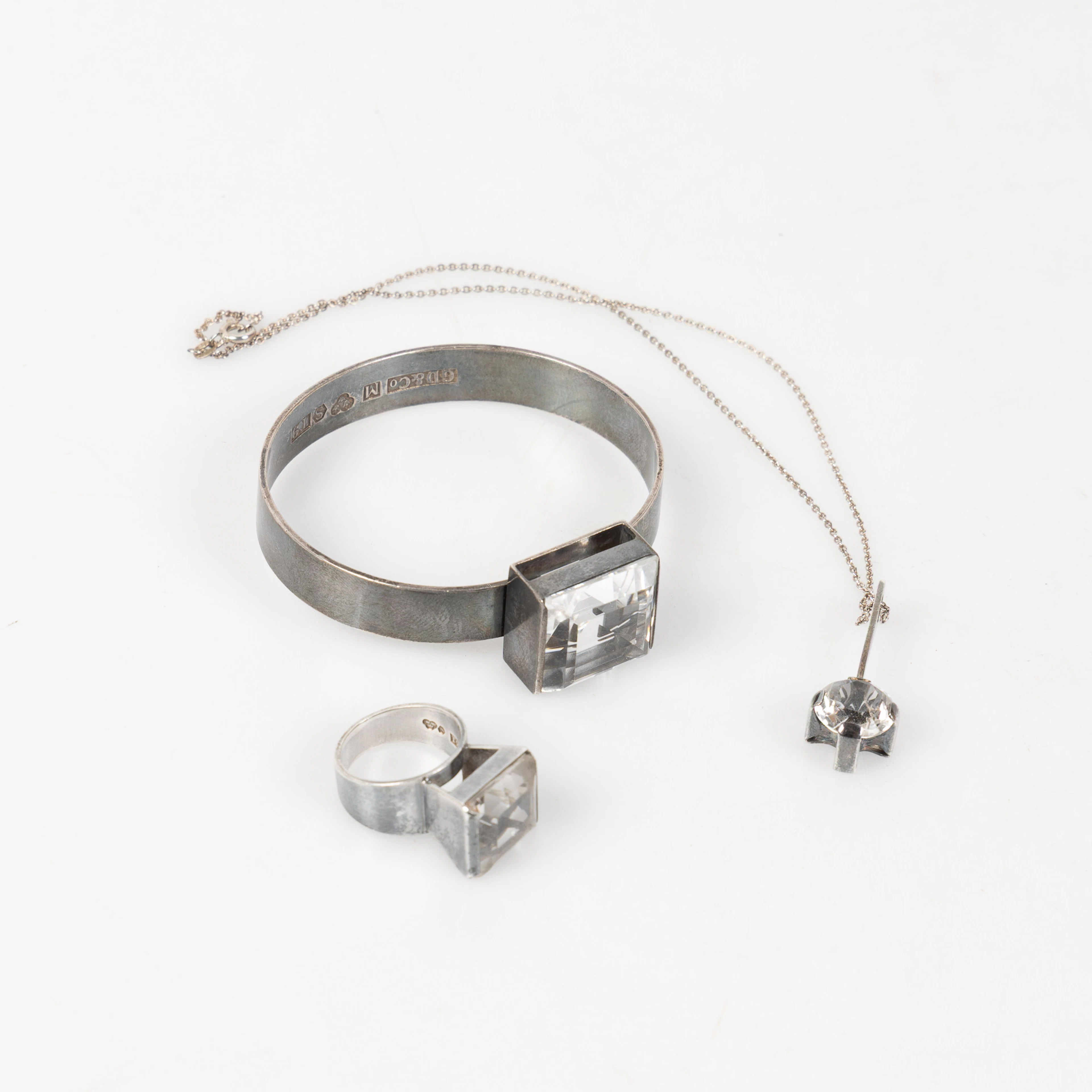 Armring samt ring i sterlingsilver med bergskristall, Gustav Dahlgren