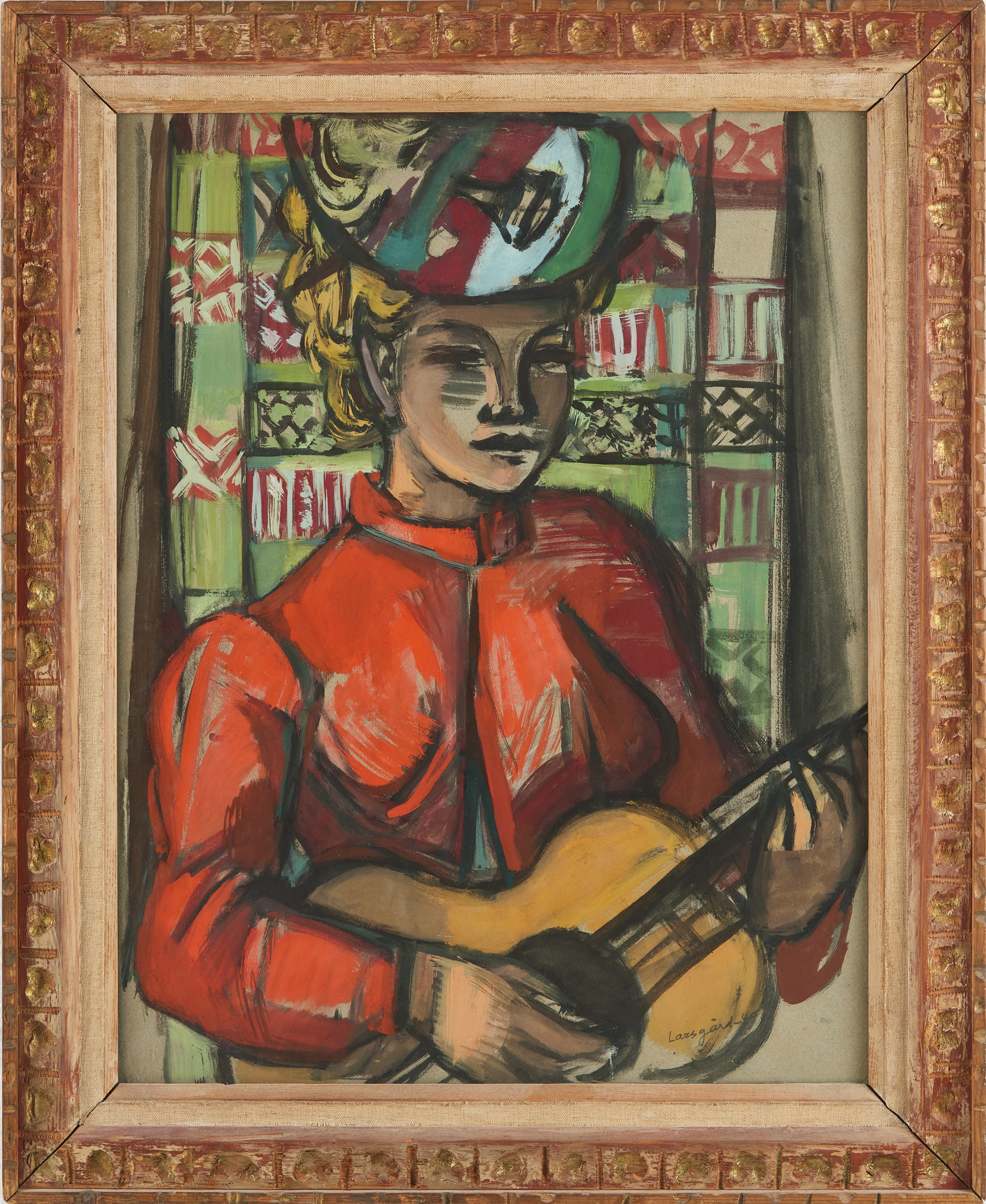 ERIK LARSGÅRD. Kvinna med instrument, gouache/blandteknik på papper