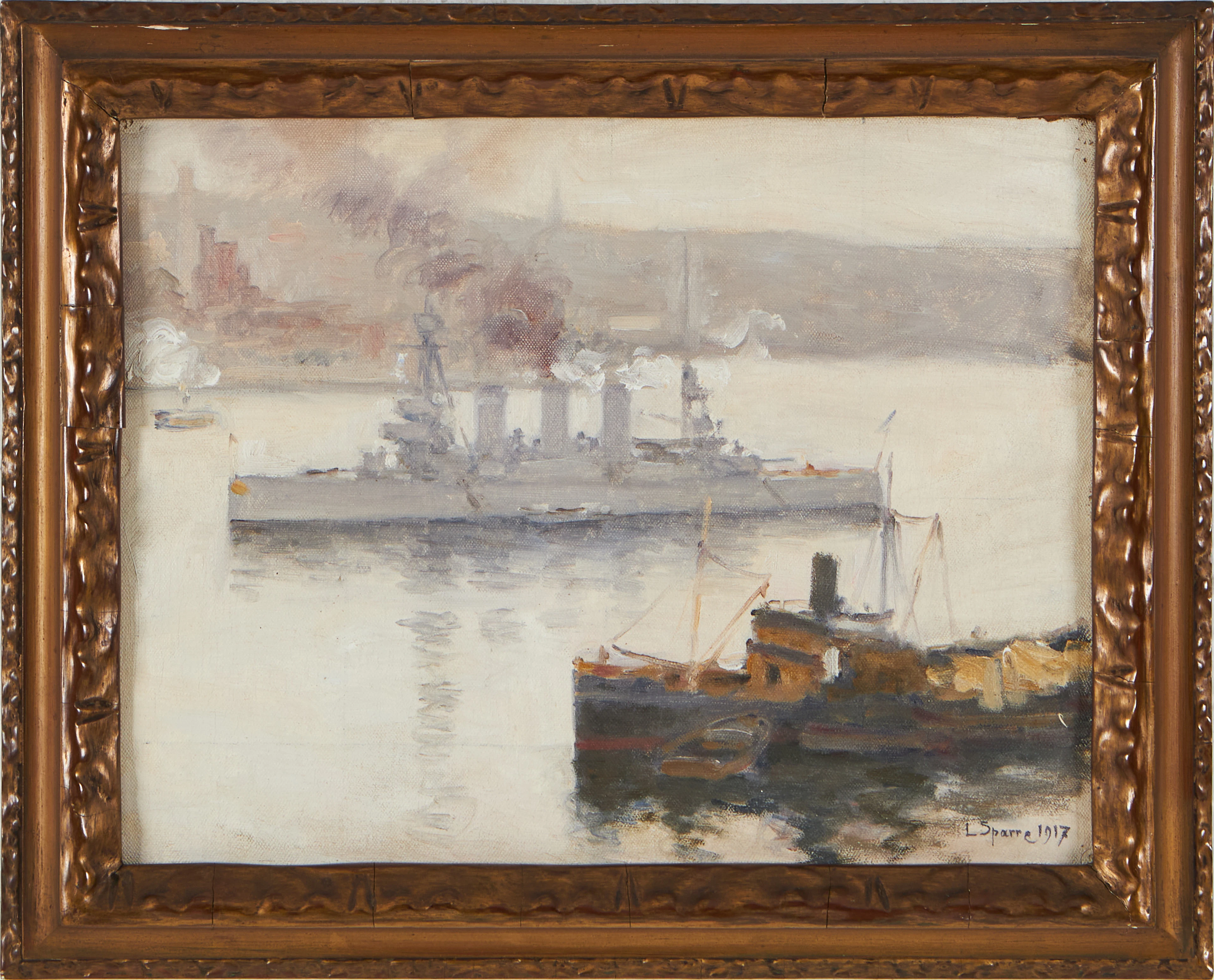 LOUIS SPARRE. Båtar i disigt landskap, olja på pannå, signerad, daterad 1917.