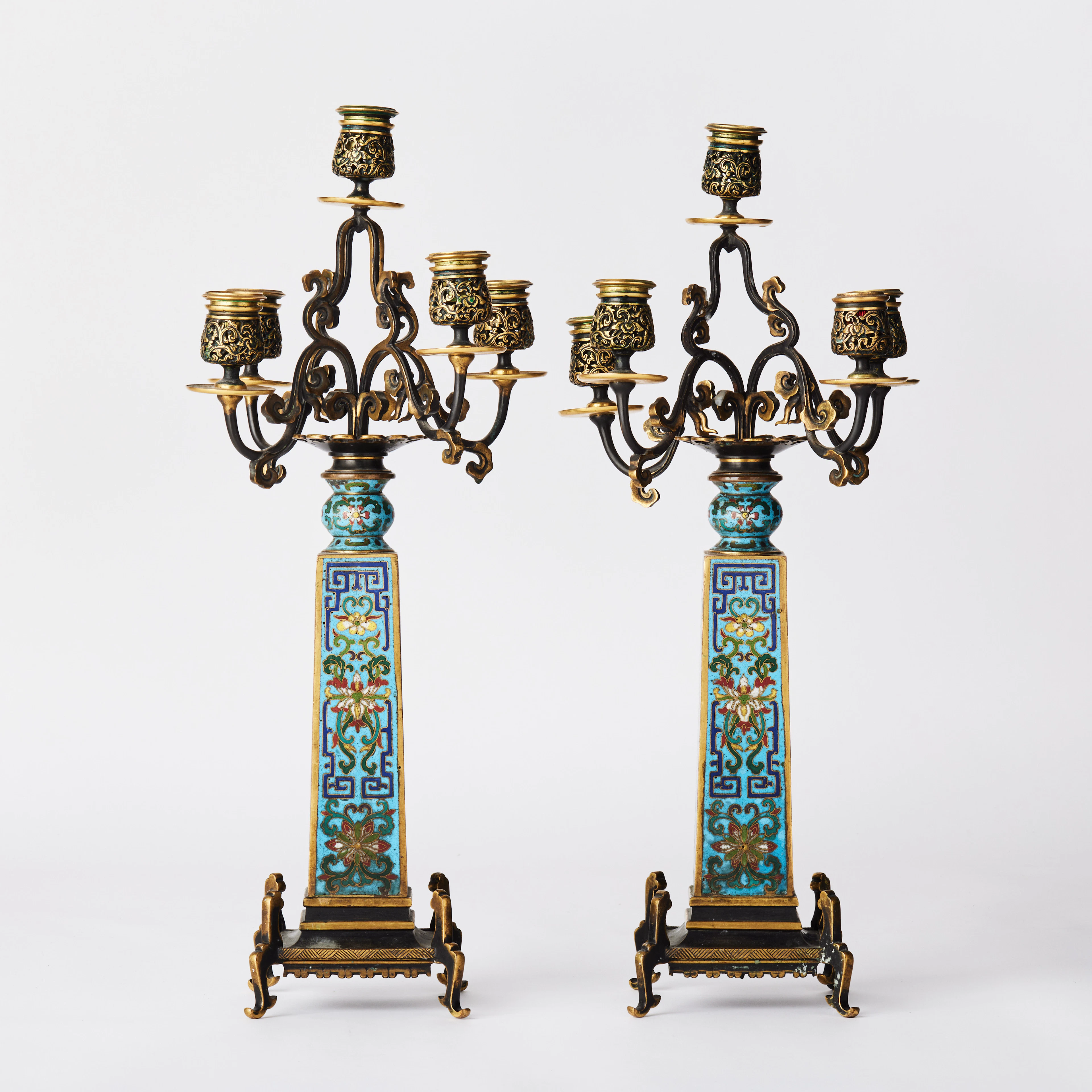 A Pair of Candelabra with Chinese Cloisonné Enamel and French Bronze Mounts.
