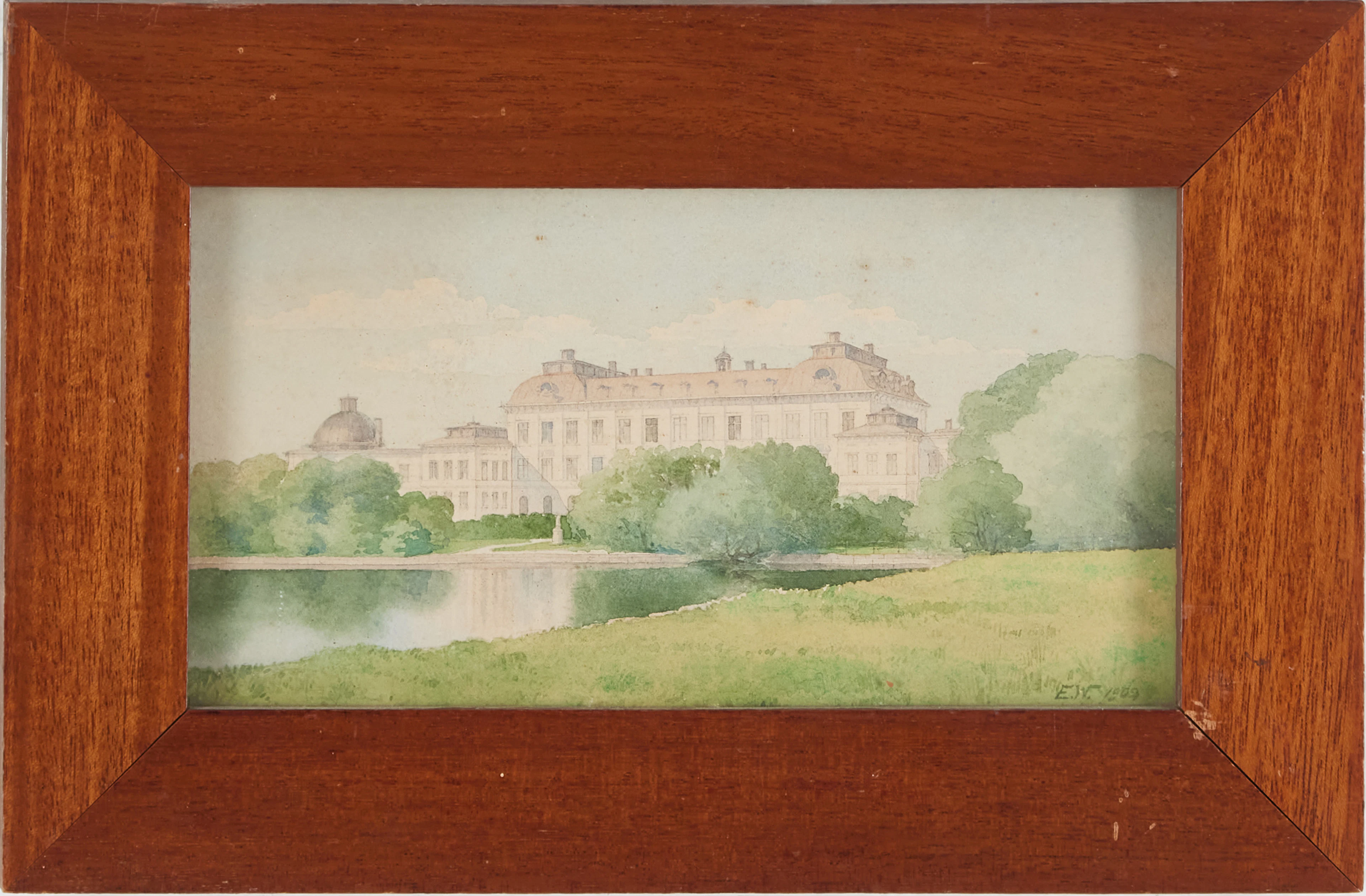 ELLA WALDENSTRÖM (1863–1955). Drottningholms slott samt vik med lador