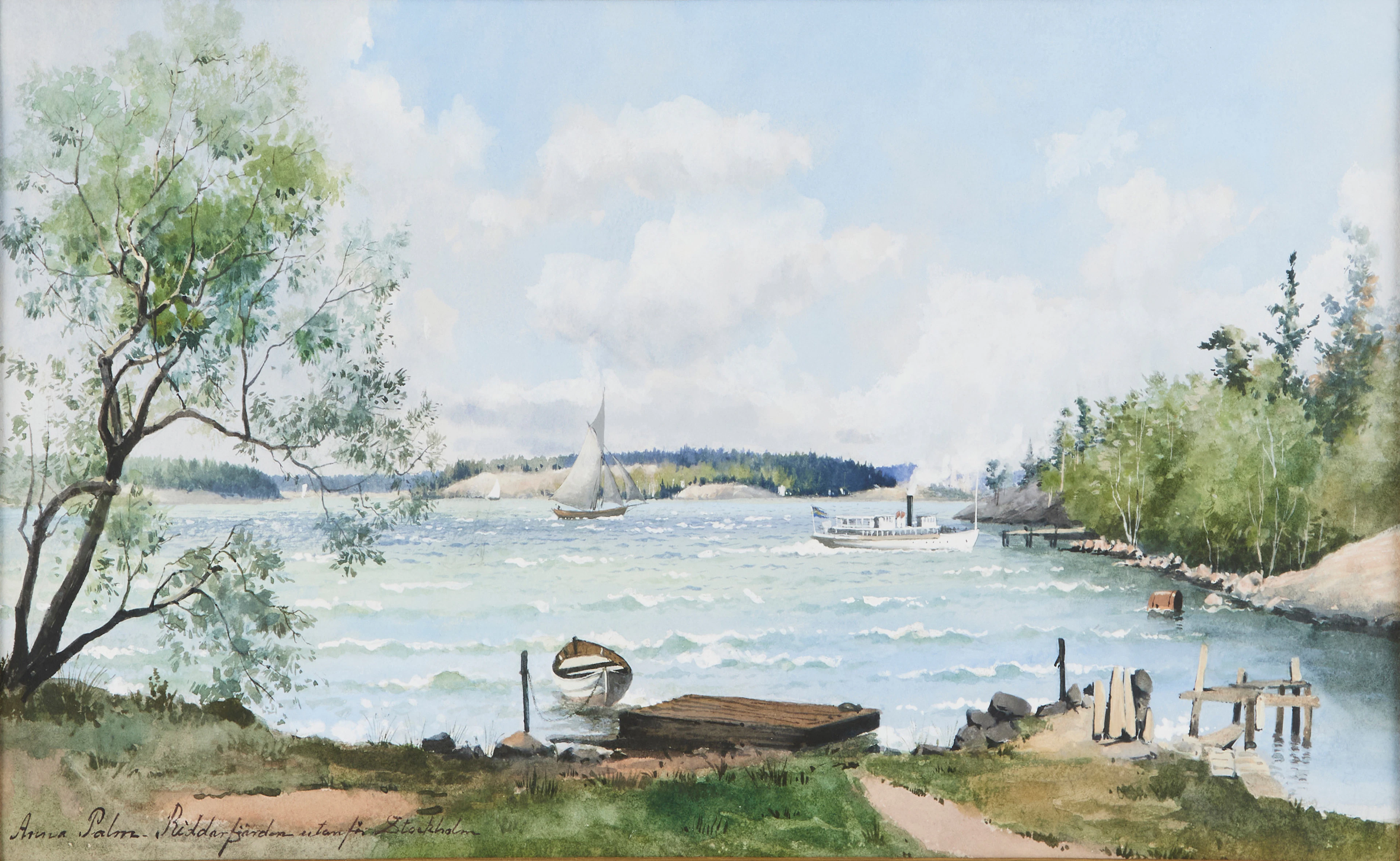 ANNA PALM DE ROSA. Riddarfjärden, akvarell med täckvitt, signerad Anna Palm.