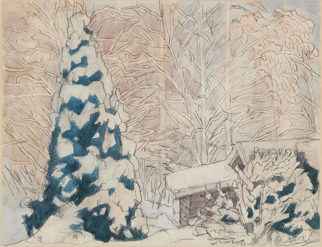 HILDING LINNQUIST. Snötäckt skogslandskap, akvarell, monogramsignerad.