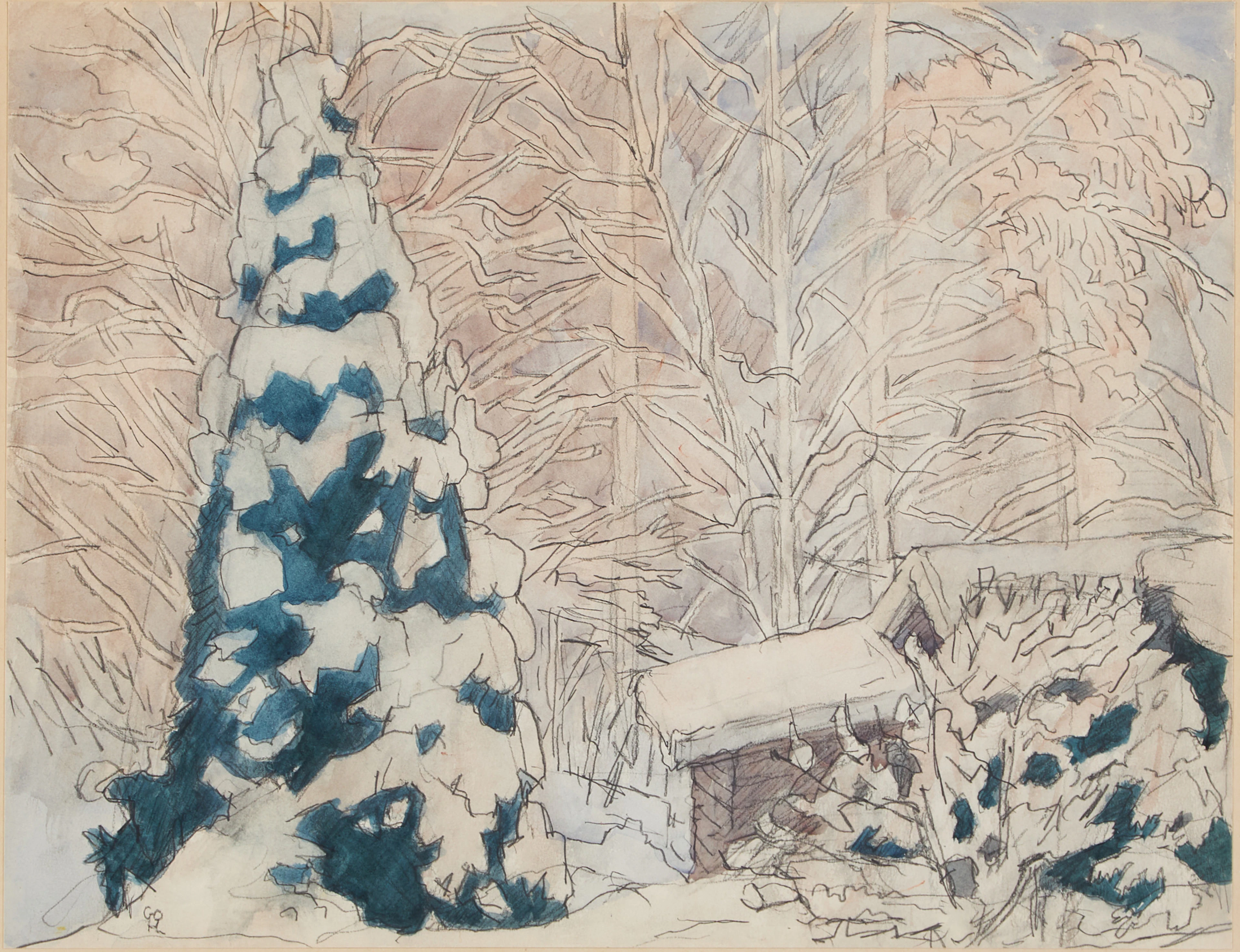 HILDING LINNQUIST. Snötäckt skogslandskap, akvarell, monogramsignerad.