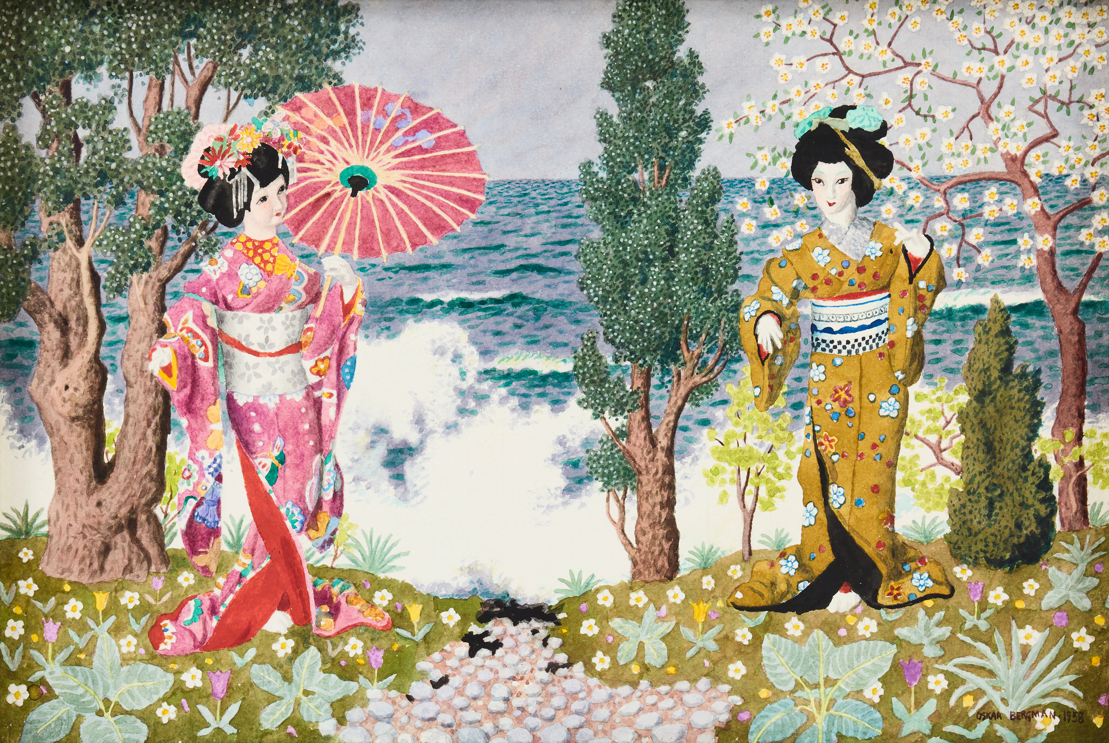 OSKAR BERGMAN. ”Geishor vid kusten (Japansk trädgård)”.