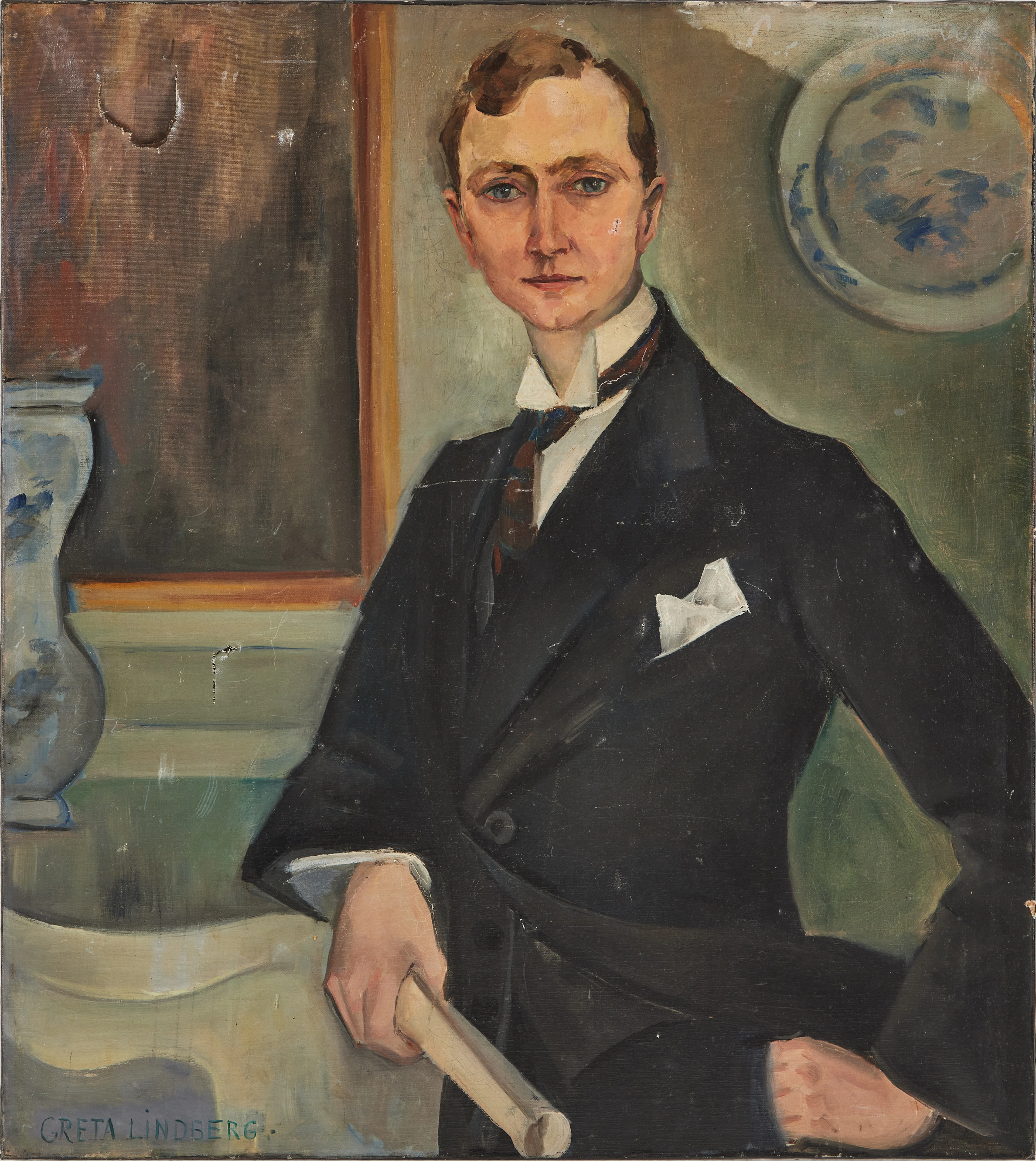 GRETA FAHLCRANTZ LINDBERG (1889 - 1978). Porträtt av herre.