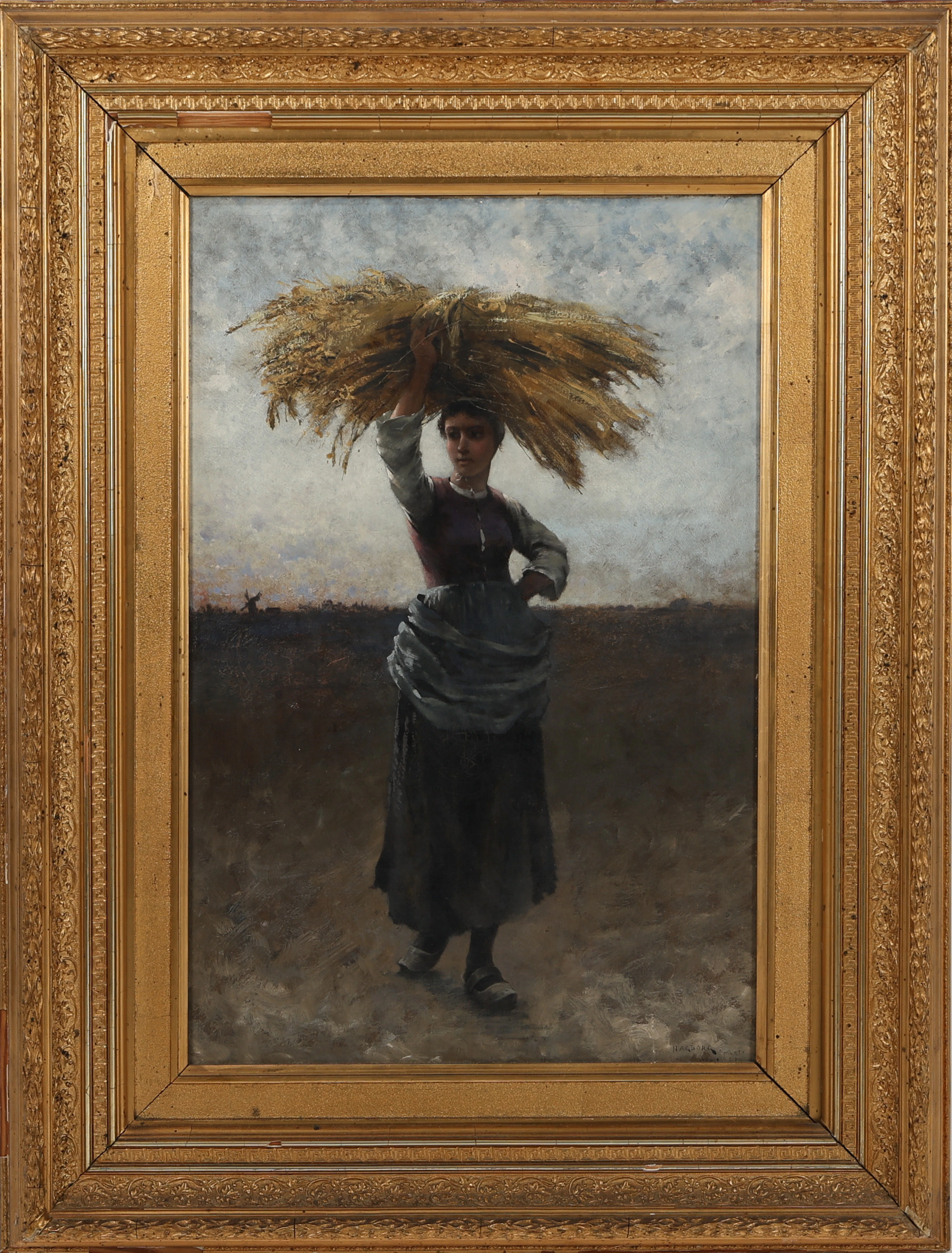 AUGUST HAGBORG. Olja på duk, kvinna på fält, signerad.