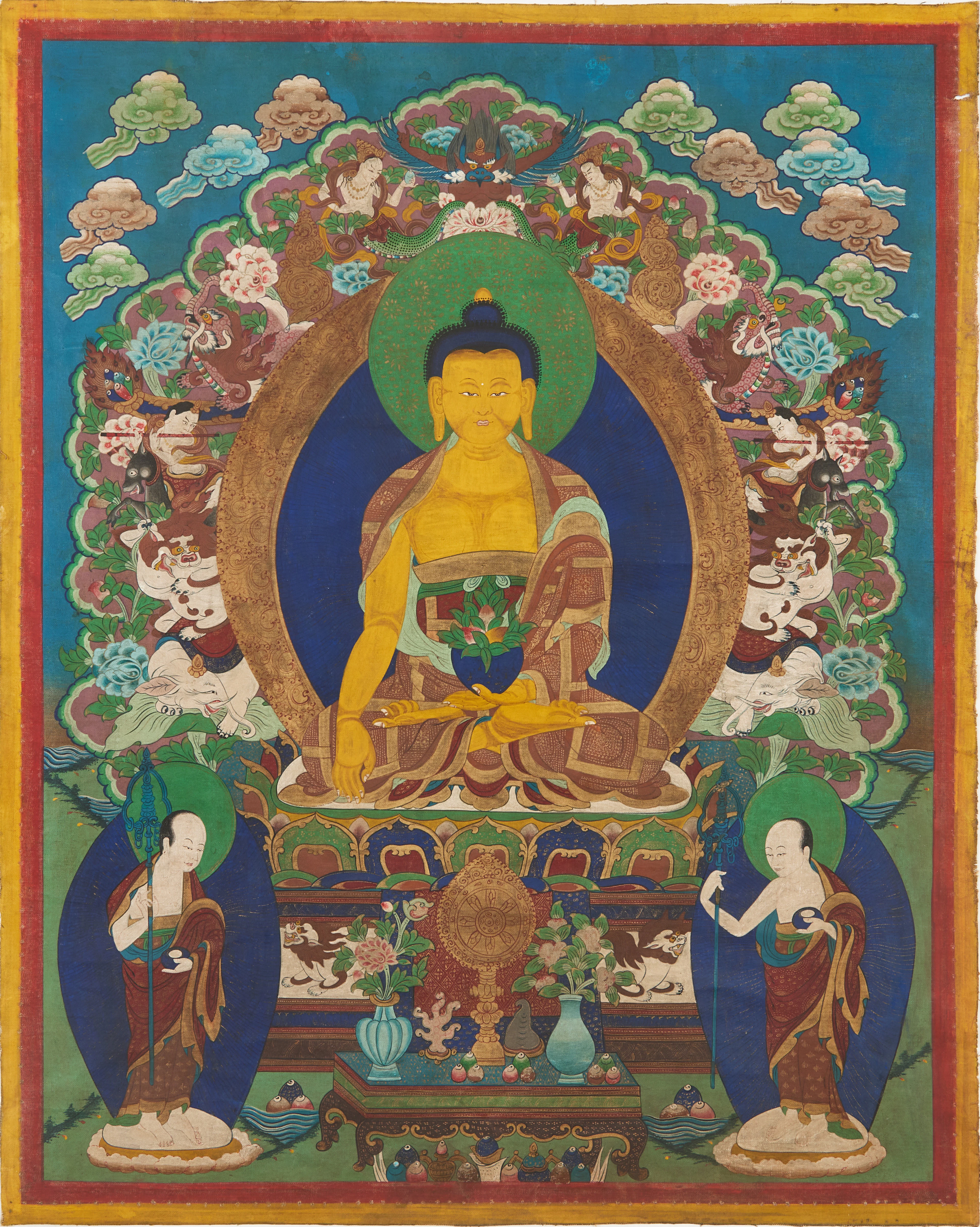 THANGKA, Tibet, 1900-tal, Shakyamuni Buddha på lotustron bland moln.