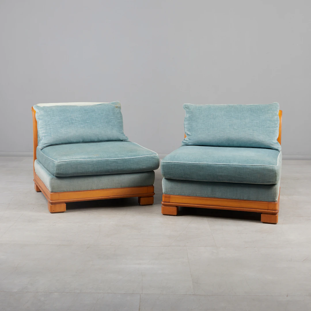JACQUES COULON. Sessel / Modulares Sofa, Samt, Holz, 1960er Jahre