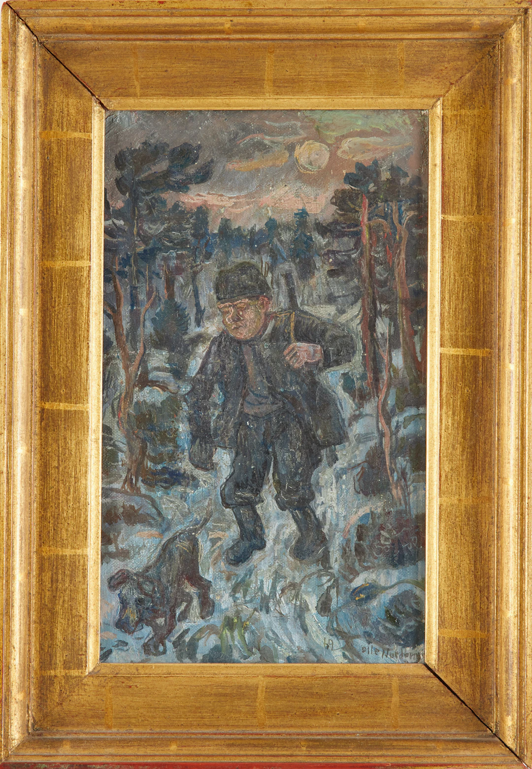 OLLE NORDBERG. "Jakt", olja på pannå, signerad Olle Nordberg, daterad 1962.