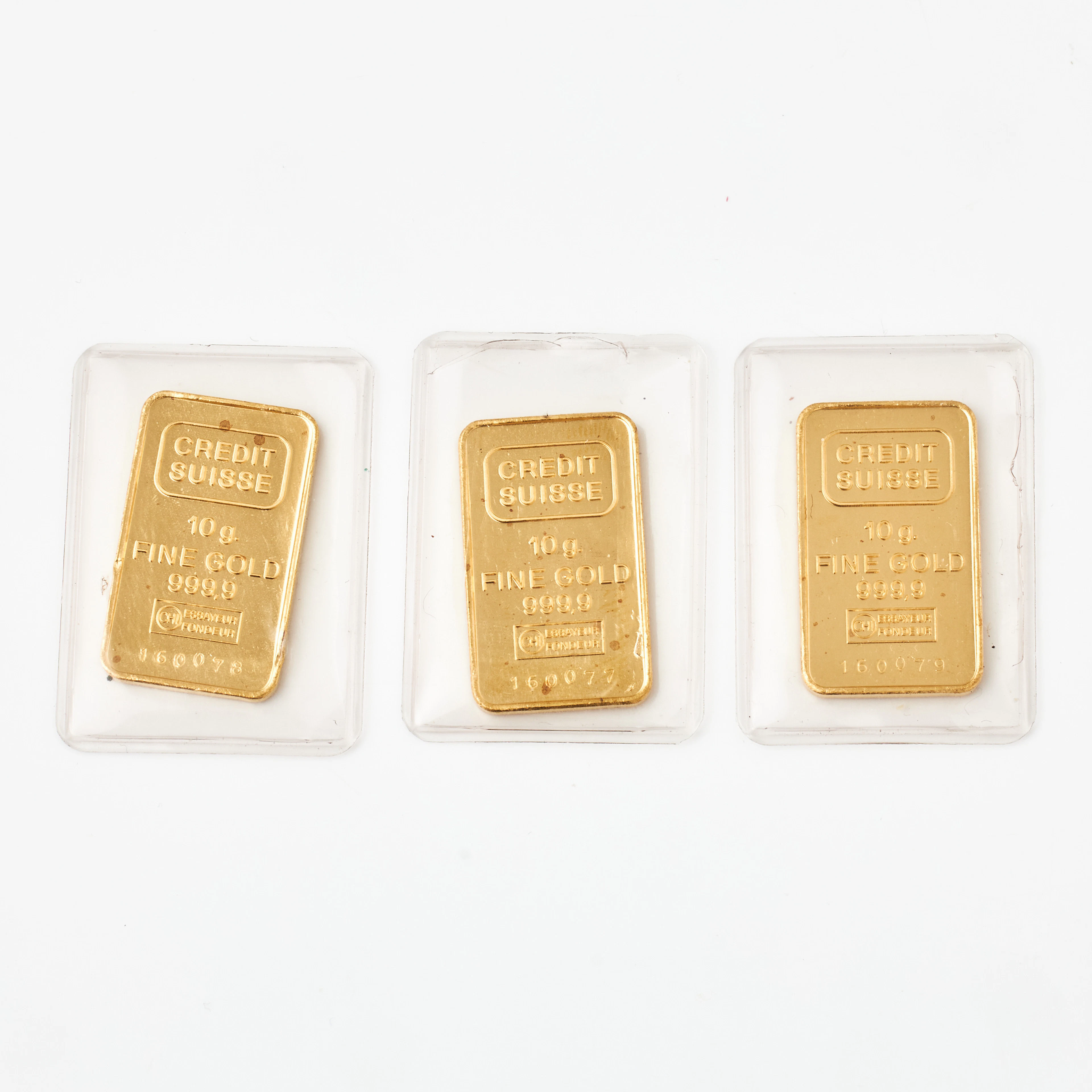 GULDTACKOR, tre stycken, 999.9/23K guld, Credit Suisse.