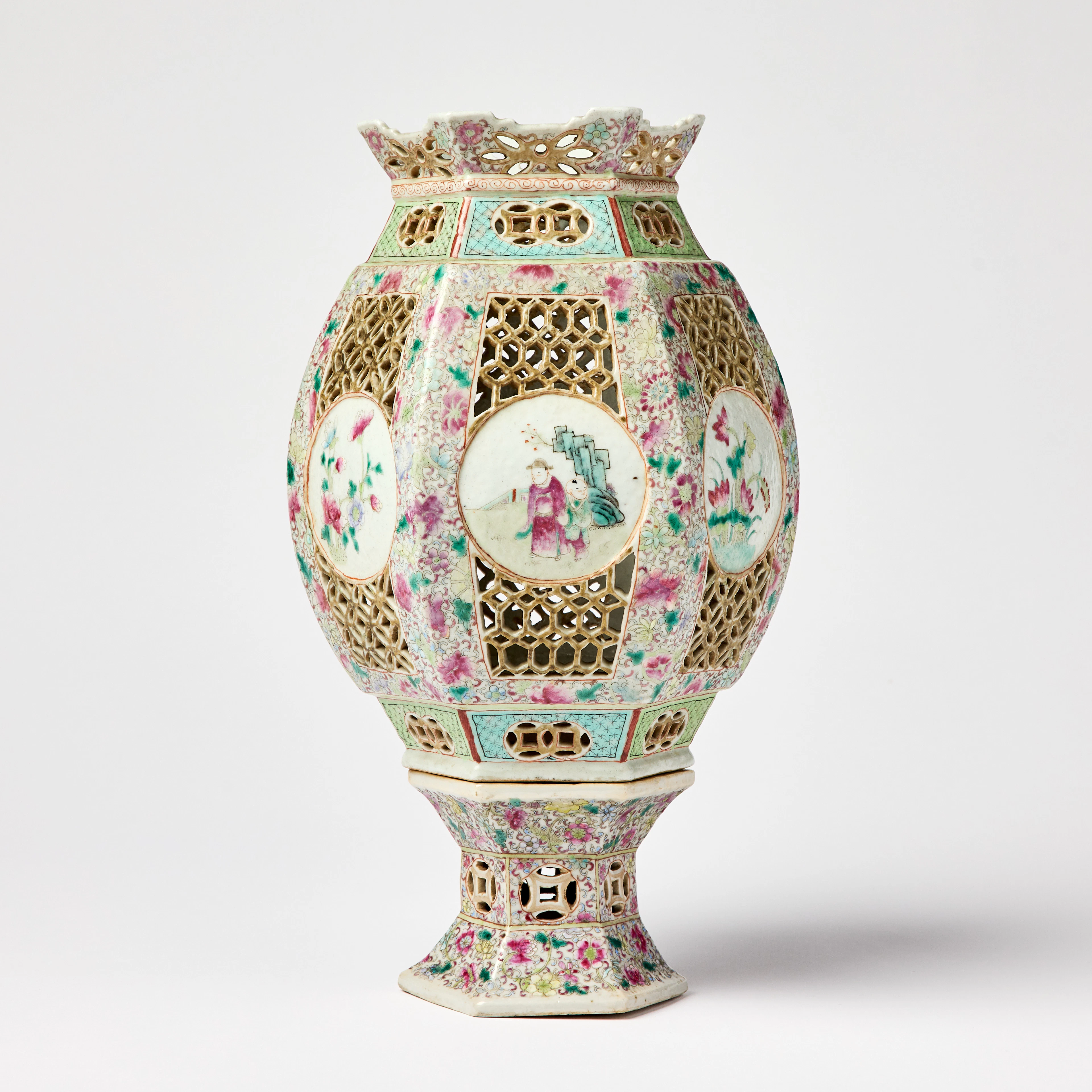 A Chinese Reticulated Famille Rose Lantern Lamp and Stand.