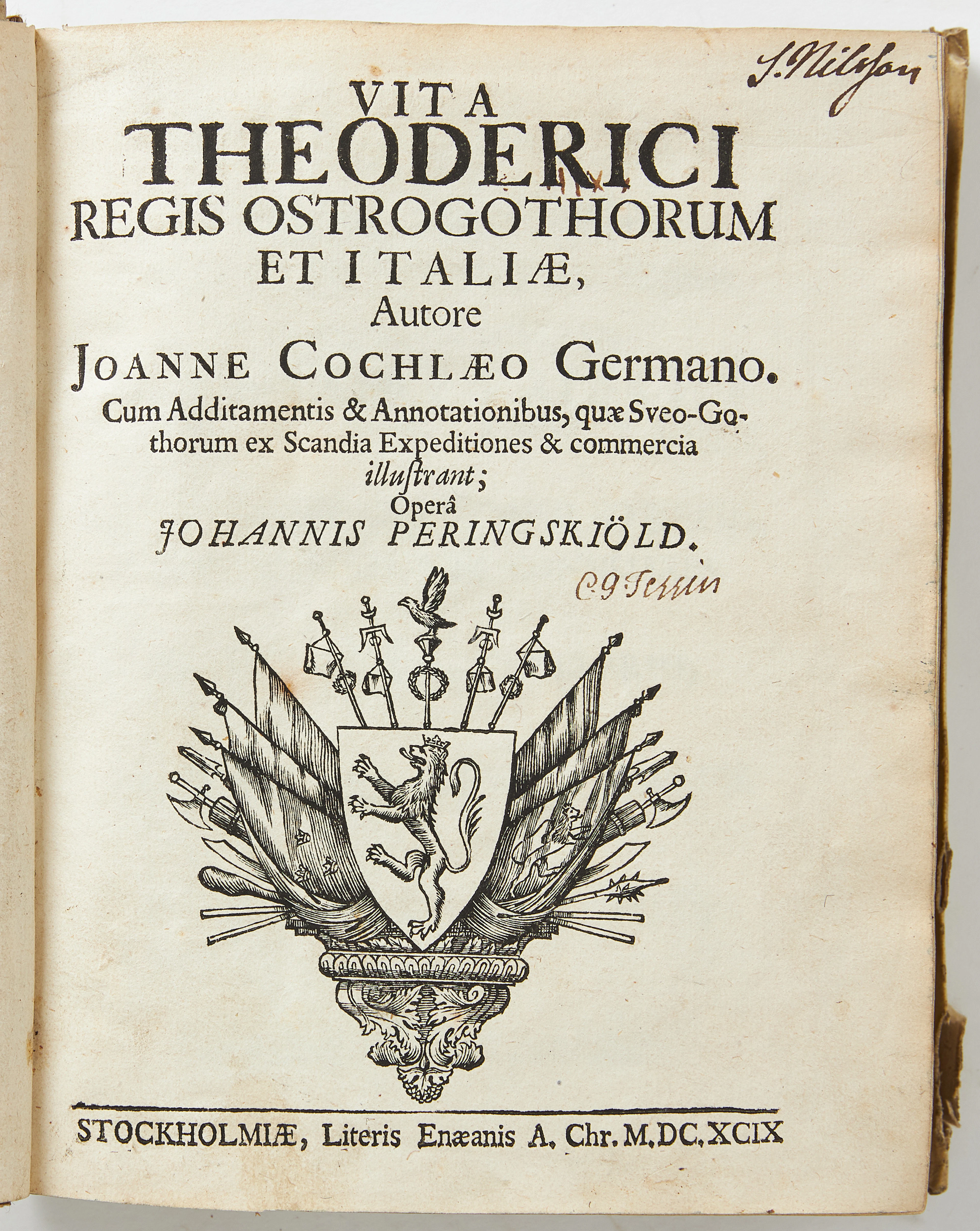 TESSINS EXEMPLAR AV COCHLAEUS VITA THEODERICI 1699.