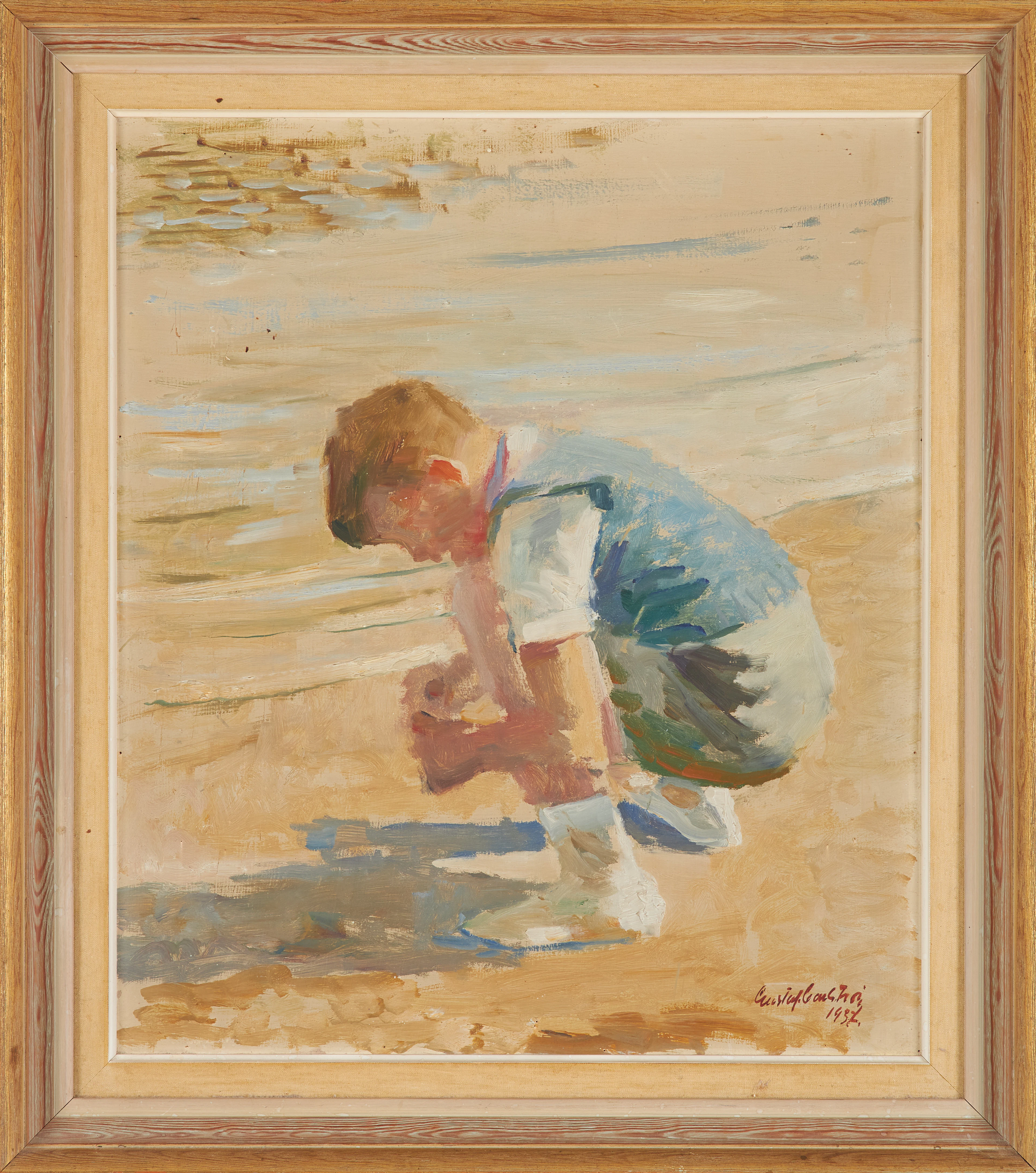 GUSTAF CARLSTRÖM. pojke vid strandkant, olja på pannå, daterad 1937.