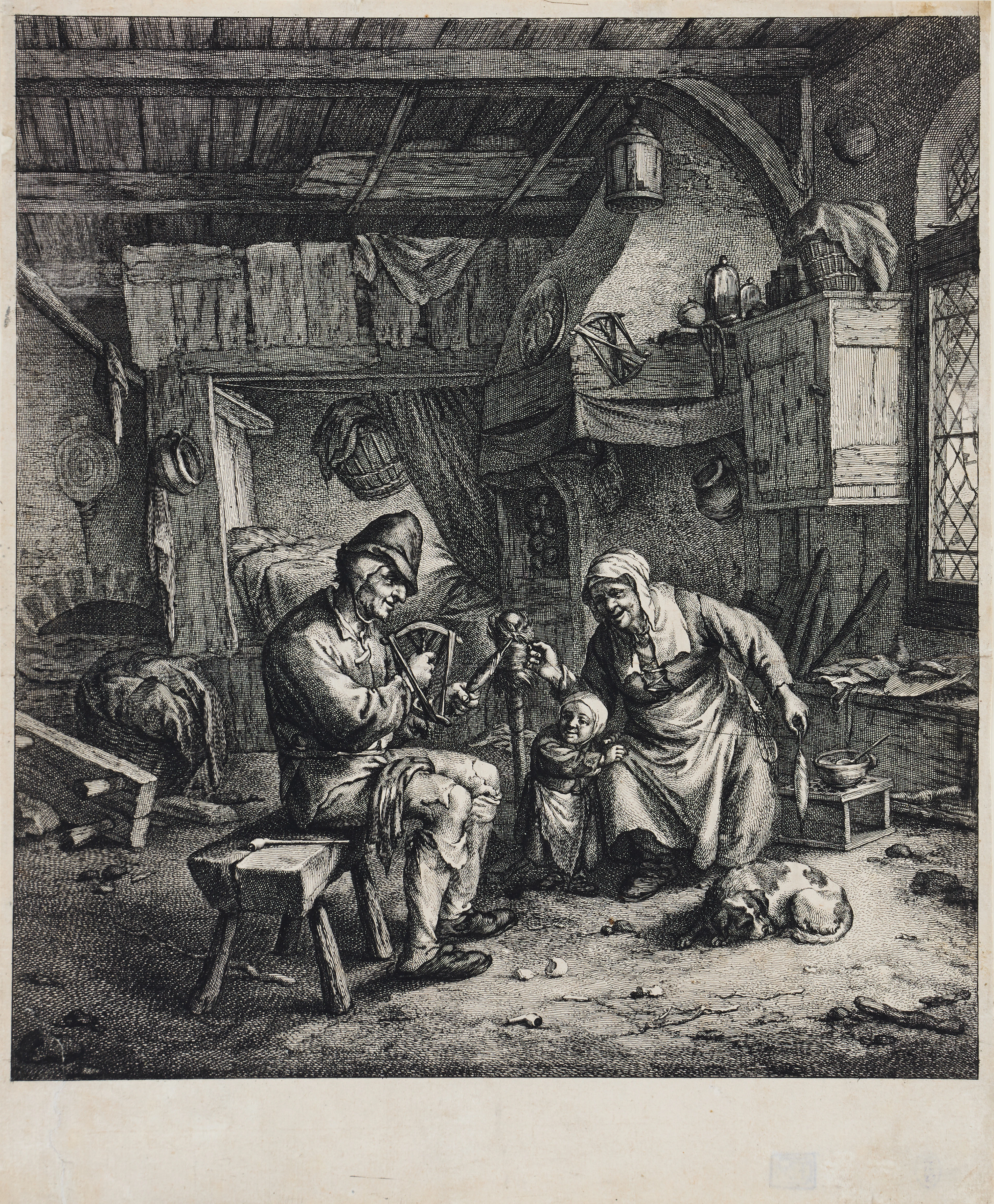 JAN DE VISSCHER (THE NETHERLANDS 1633-1692). "The Flax-Spinning Peasant