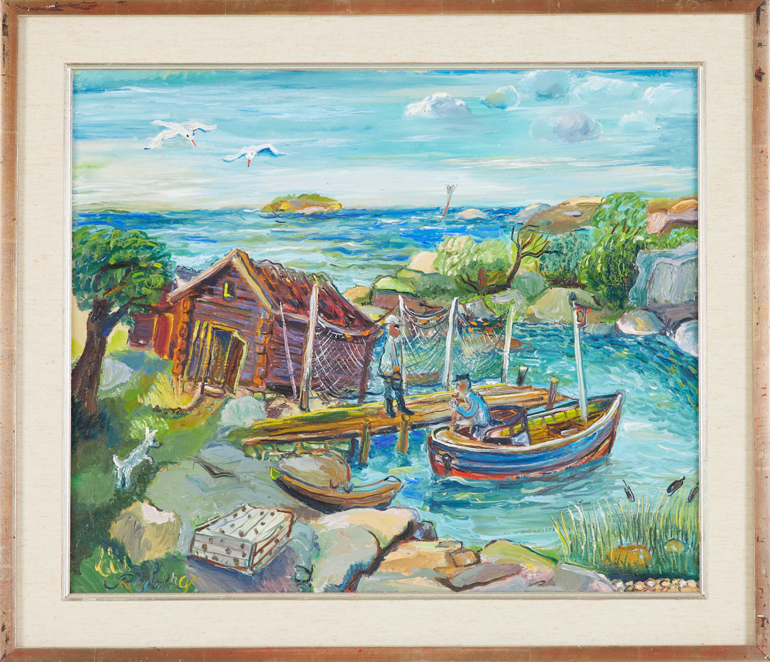 ELIS RYBERG. "Fiskeläger", olja på pannå, skärgårdsmotiv, signerad.
