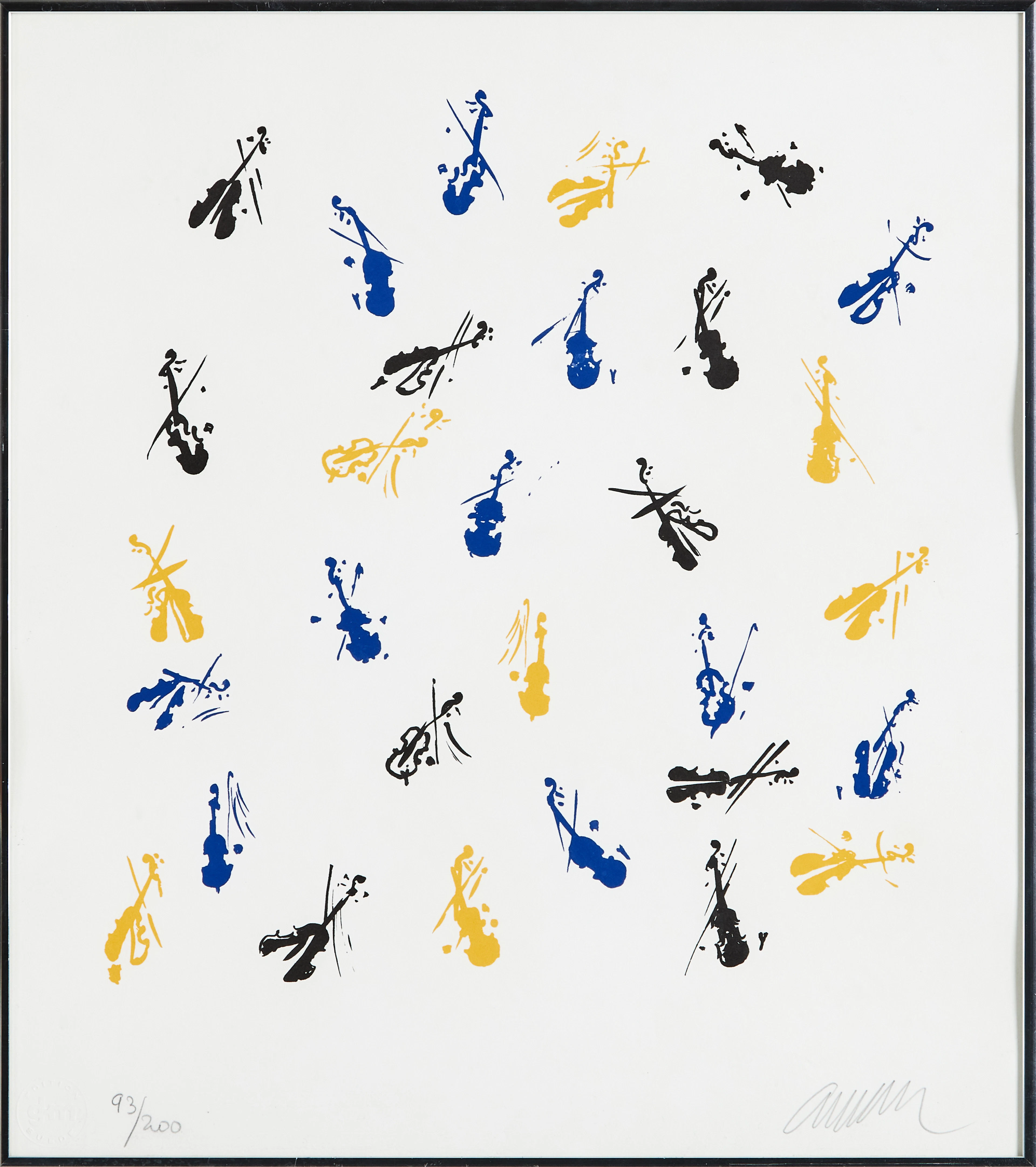 FERNANDEZ ARMAN. Figurkomposition med fioler, färglitografi.