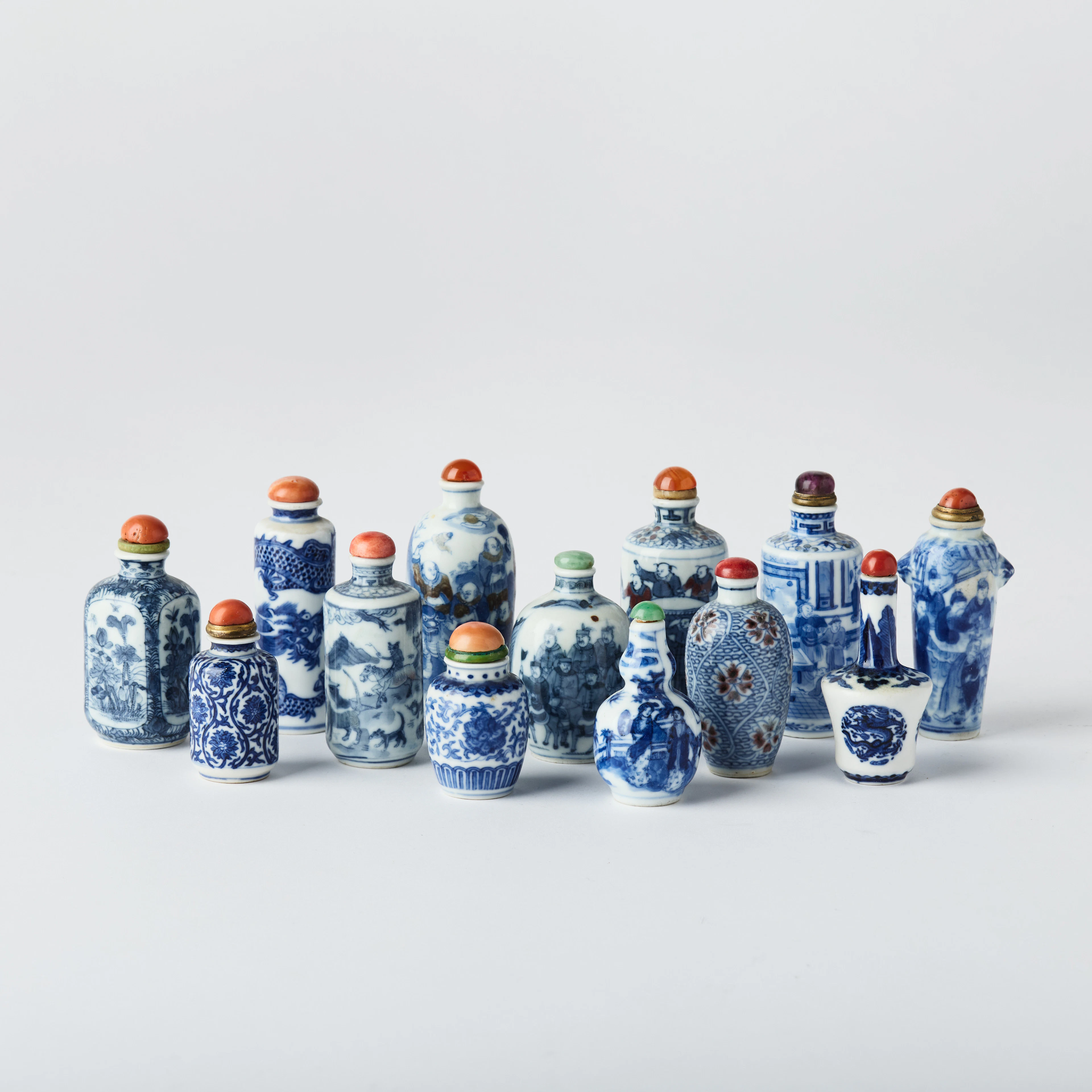 A Group of Thirteen Chinese Blue and White Porcelain Snuff Bottles.