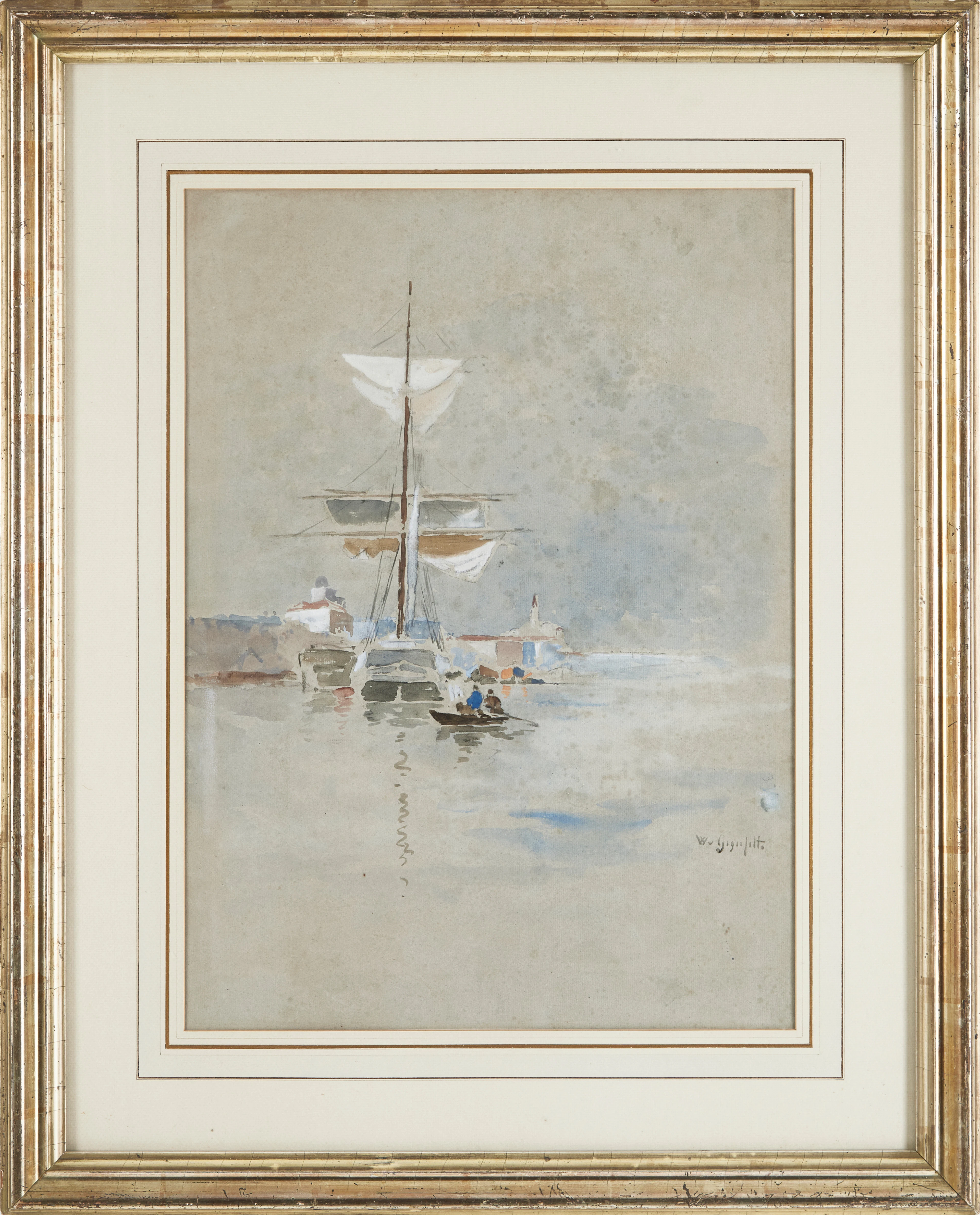 WILHELM VON GEGERFELT. "Hamnbild med en ankrad skuta" akvarell, signerad