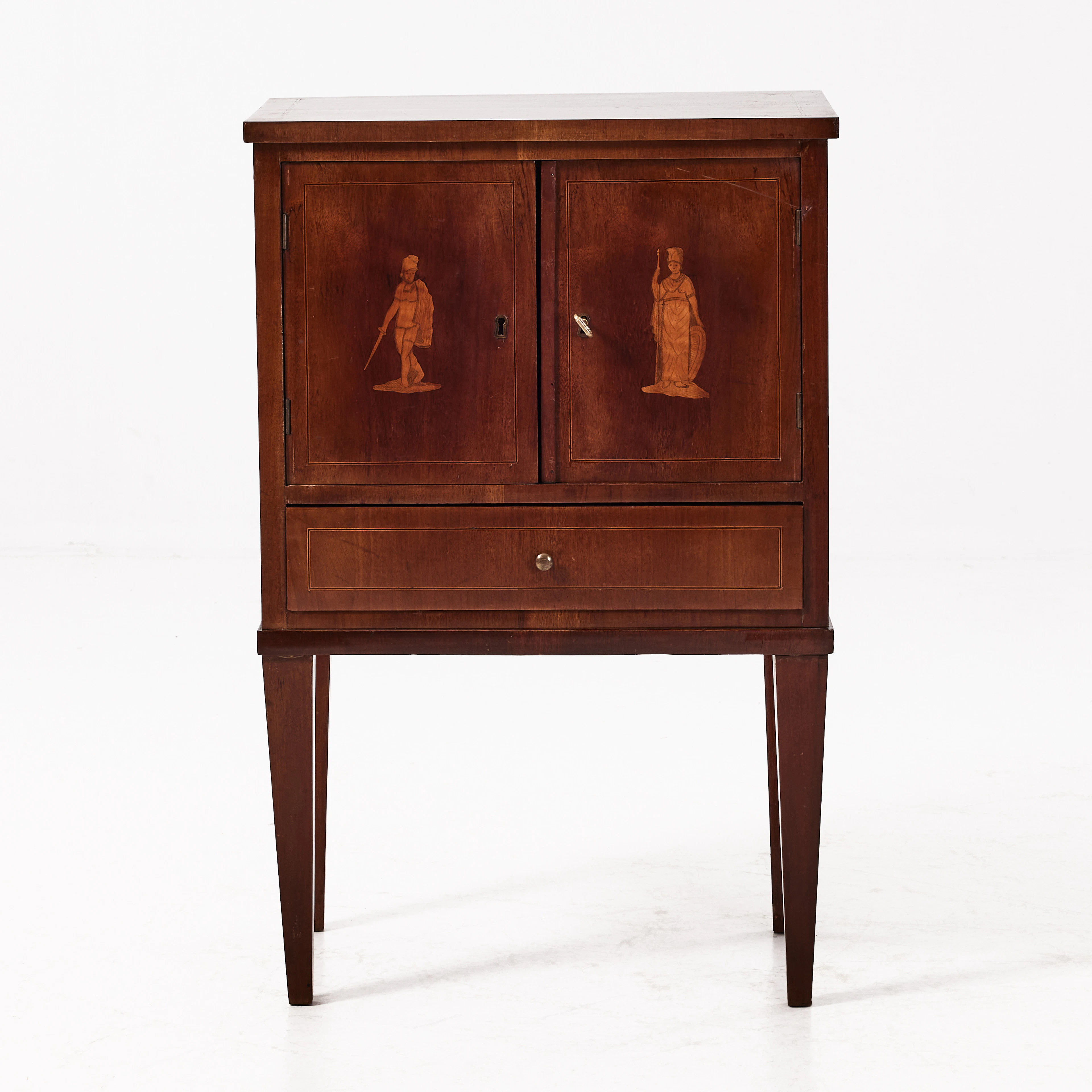 SÄNGBORD/ POTTSKÅP, omkring 1900, fanérat i mahogny.