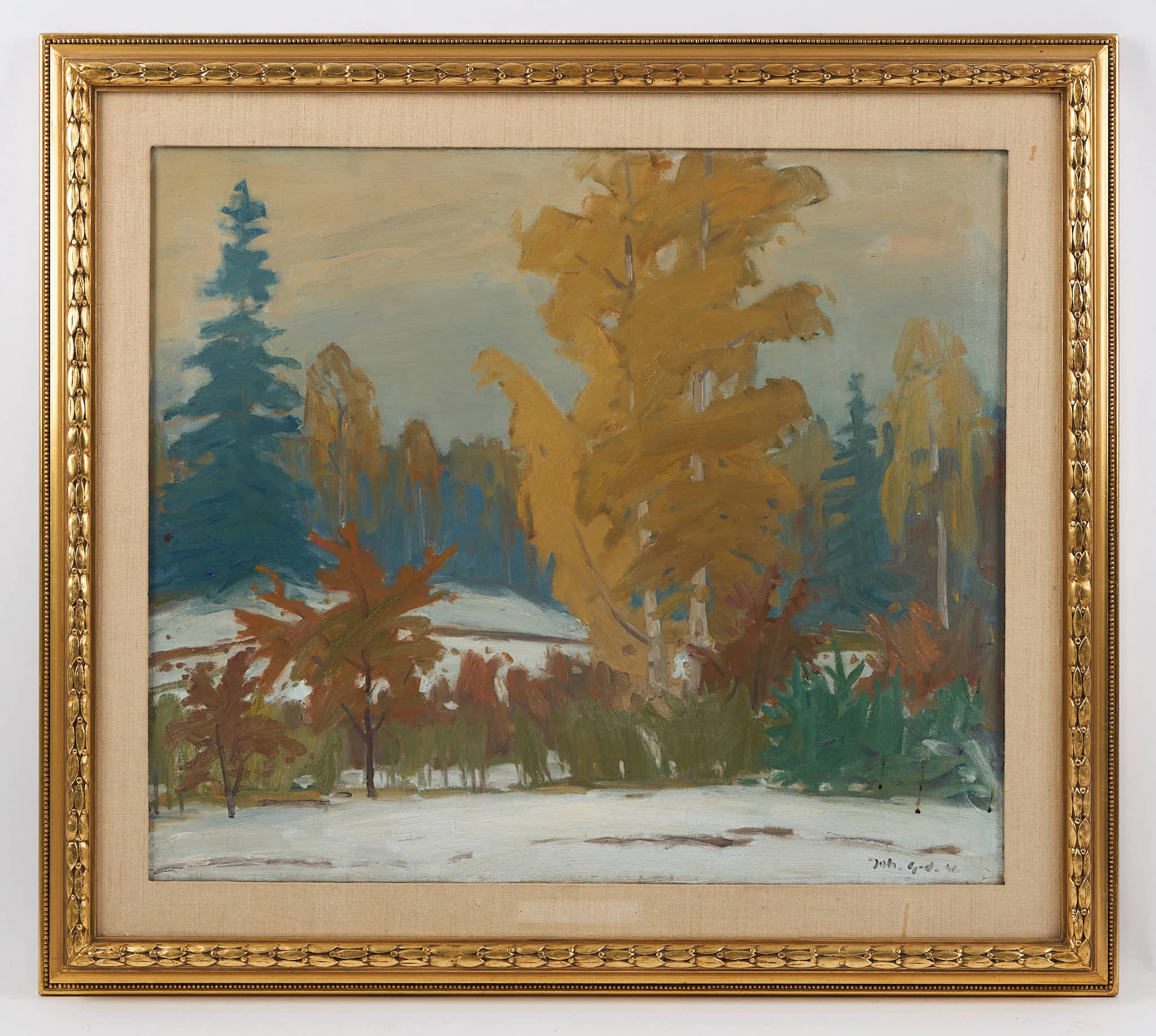 JOHANNES GEBHARD. "Första snön i min trädgård oktober 1946", signerad