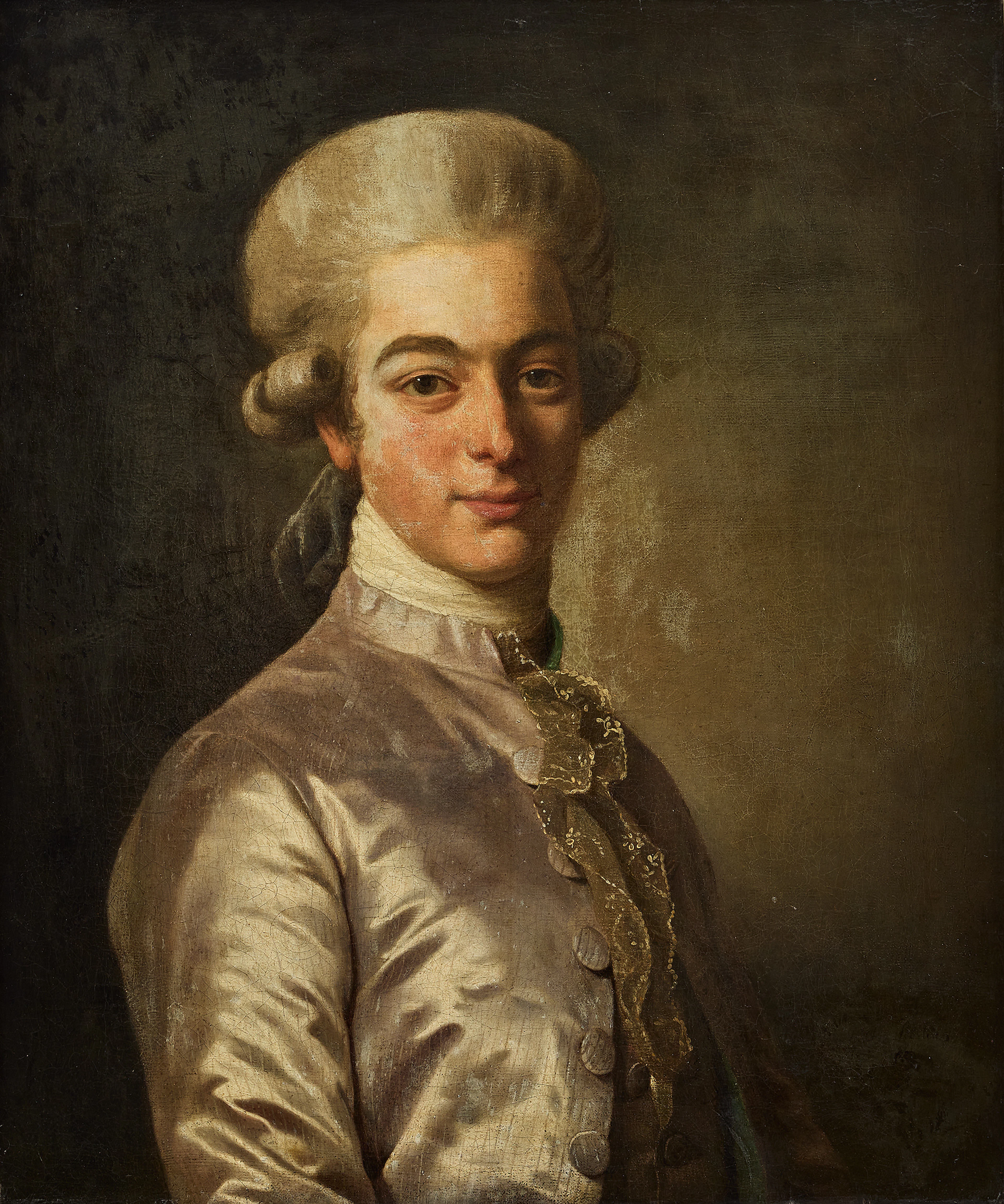 ALEXANDER ROSLIN. Porträtt av en ung adelsman i silvergrå sidenrock.