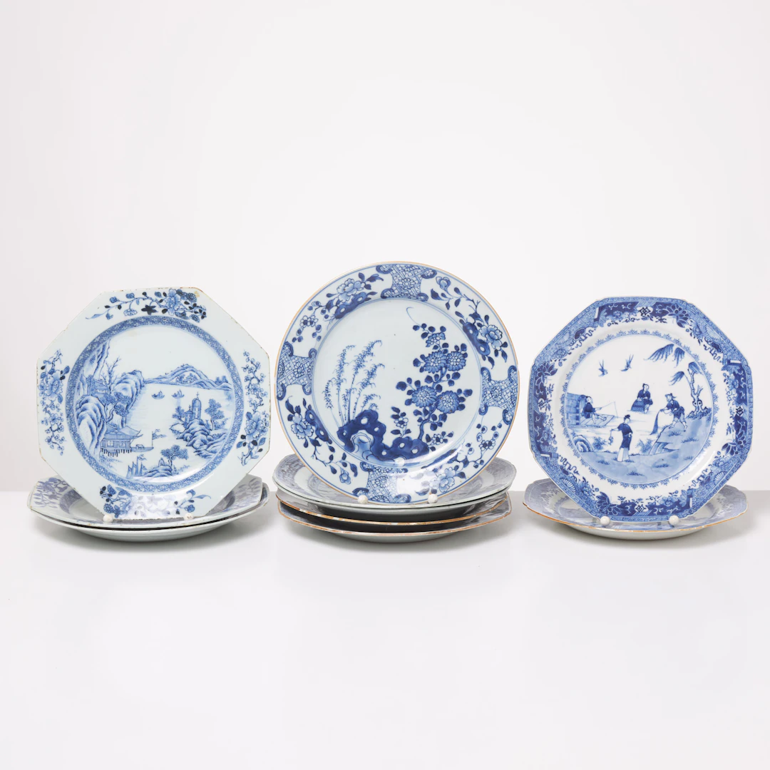 TALLRIKAR. 10 st, Qianlong, porslin, underglasyrblått, varierande