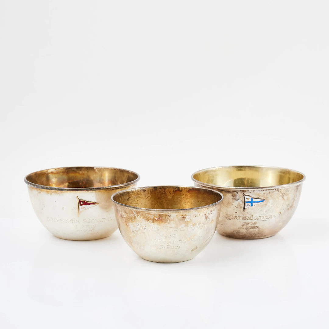 SKÅLAR, 3 st, silver, CG Hallberg,invändig förgyllda, delvis dekor