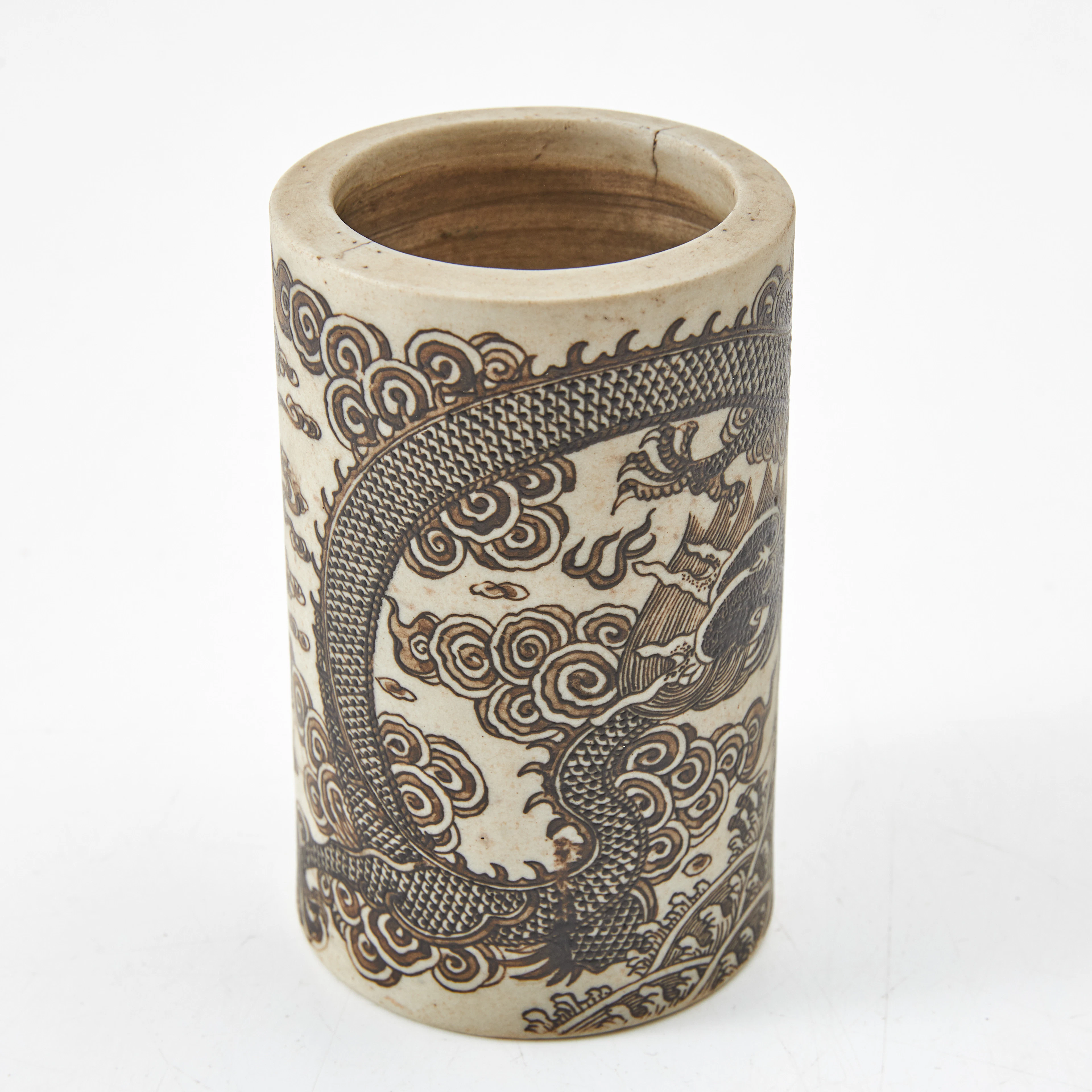 PENSELVAS, stengods, Kina, 1900-tal, cylinderformad, dekor i sepia