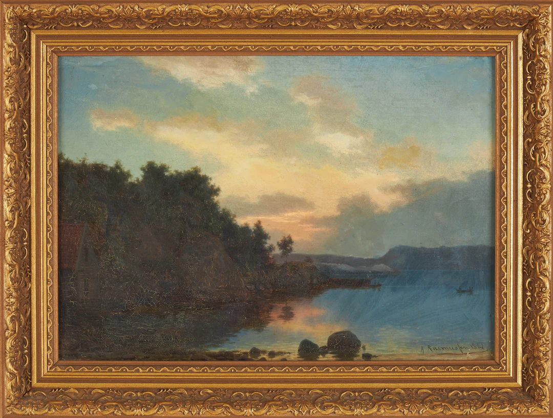 GEORG ANTON RASMUSSEN (1842-1914). Havsmotiv i skymning, olja på duk