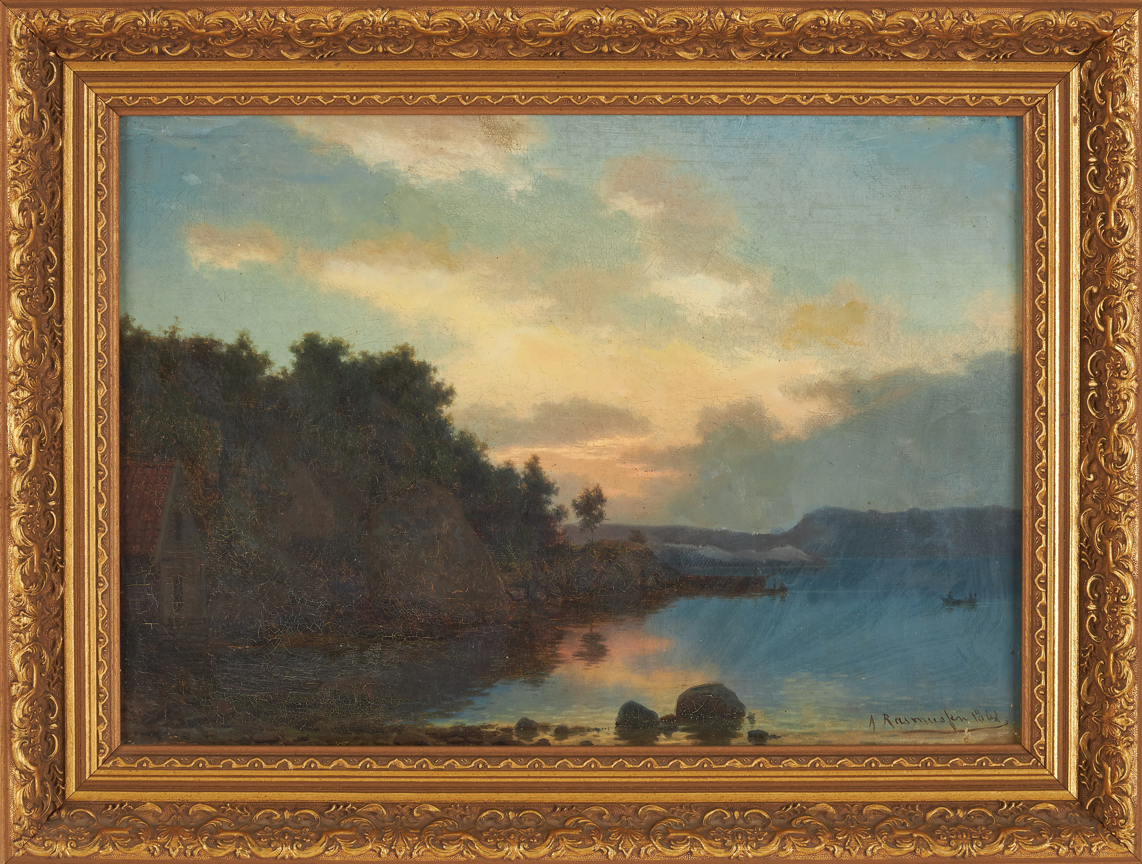 GEORG ANTON RASMUSSEN (1842-1914). Havsmotiv i skymning, olja på duk