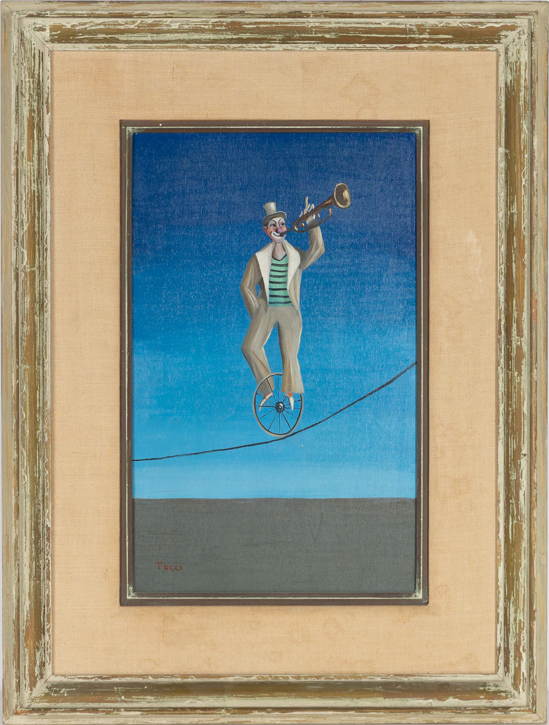 CARLO CANEVARI (ITALIEN, 1922-1996). Spelande clown med trumpet, olja på pannå.