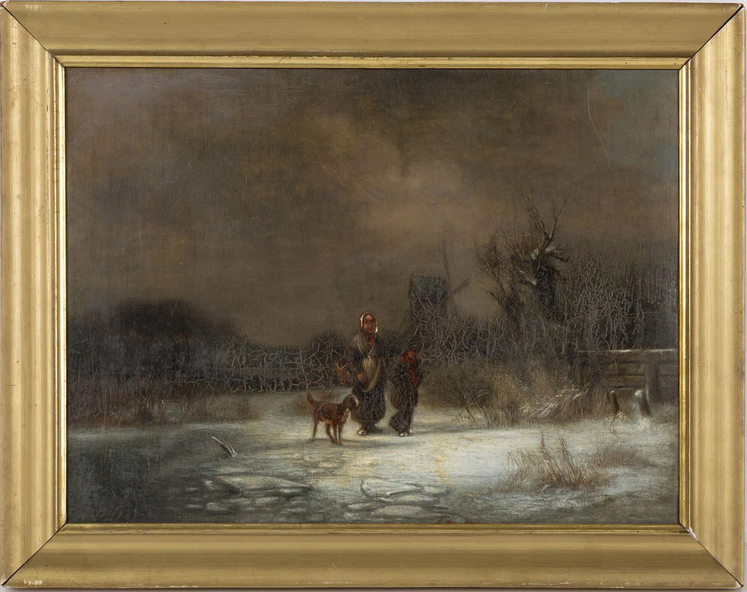OKÄND KONSTNÄR. Två figurer med hund i skymmande vinterlandskap, olja
