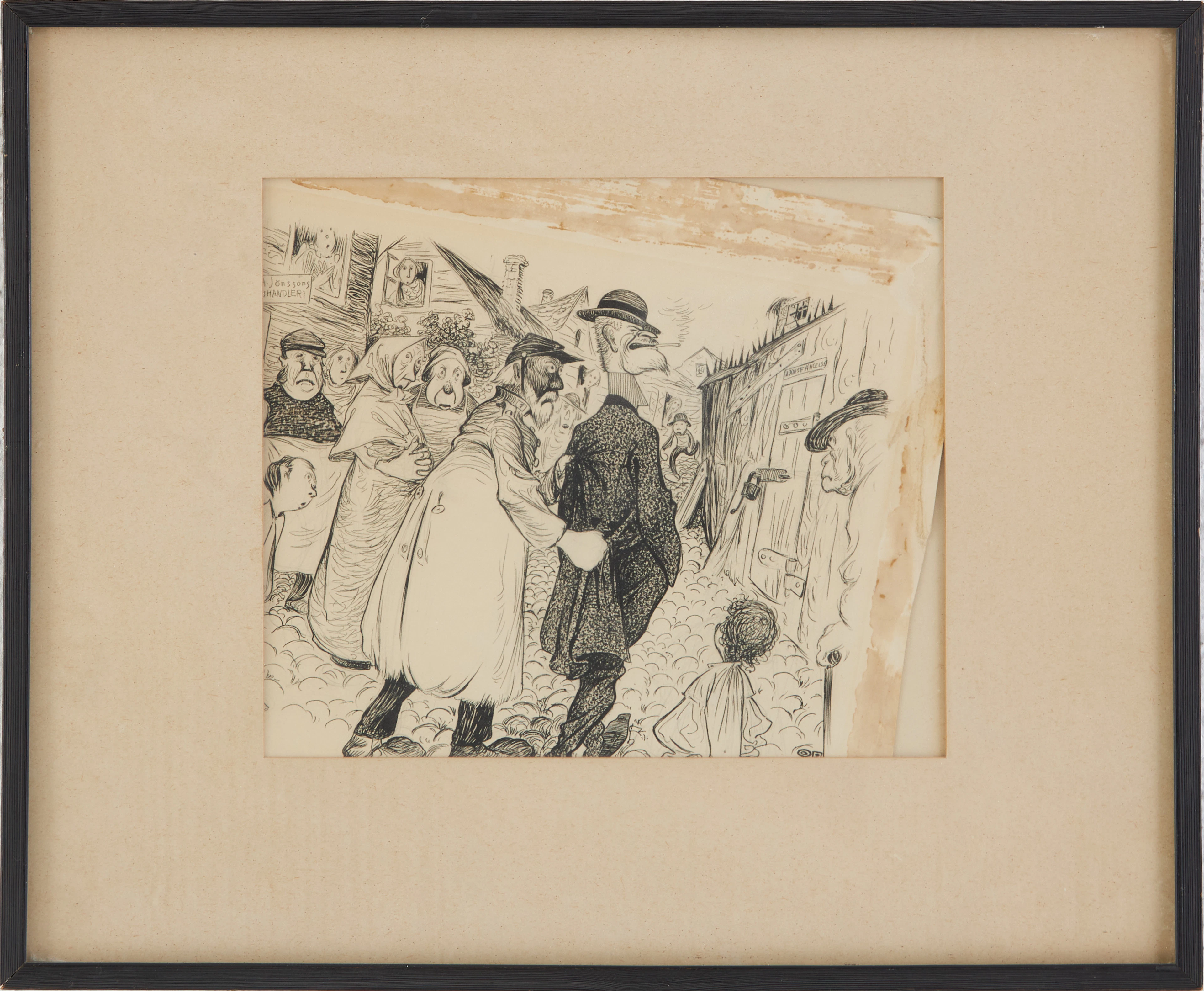 OSKAR ANDERSSON. Figurscen, tuschteckning, monogramsignerad.